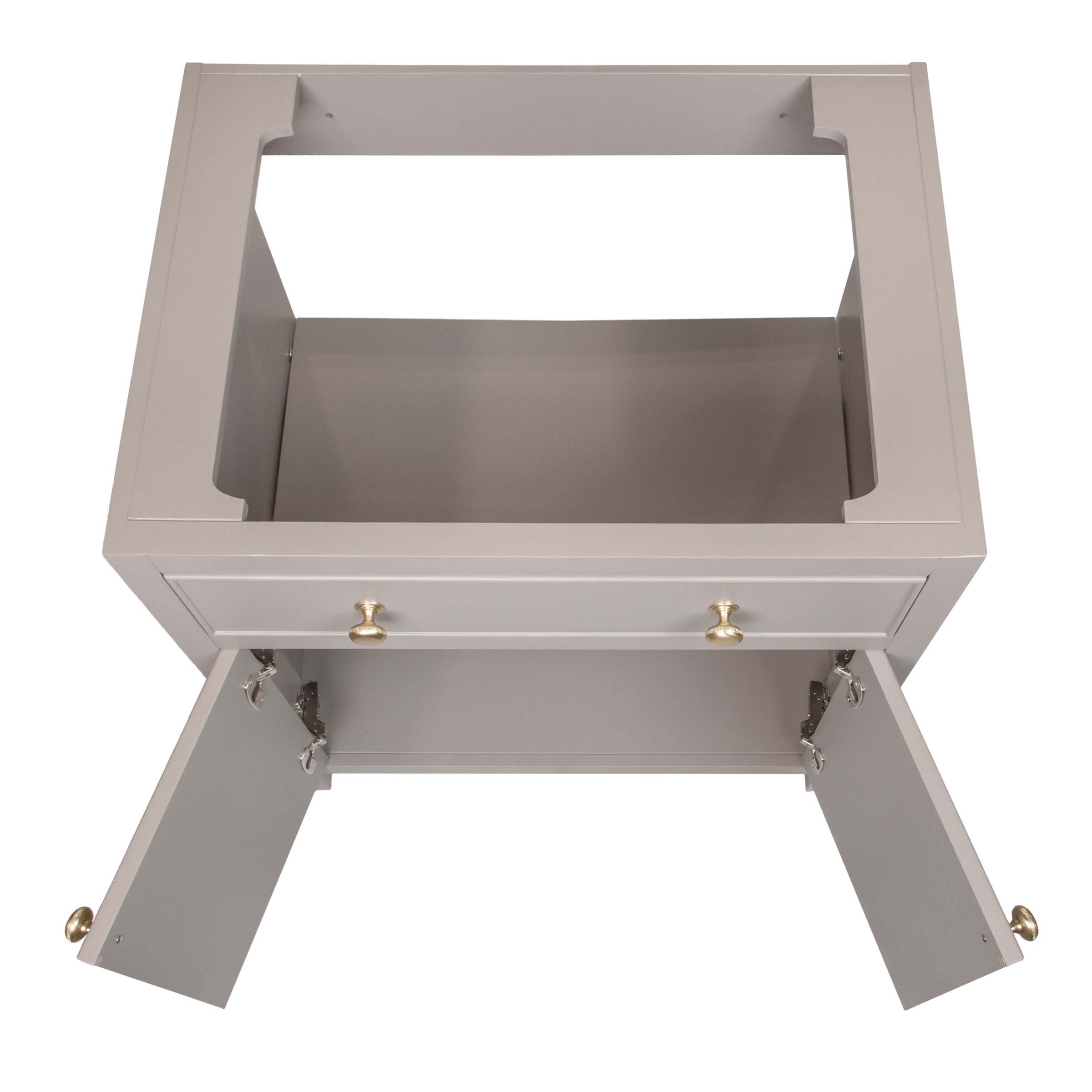 Gray bathroom vanity cabinet with open storage drawer and double swing doors, featuring brass knobs and hinges