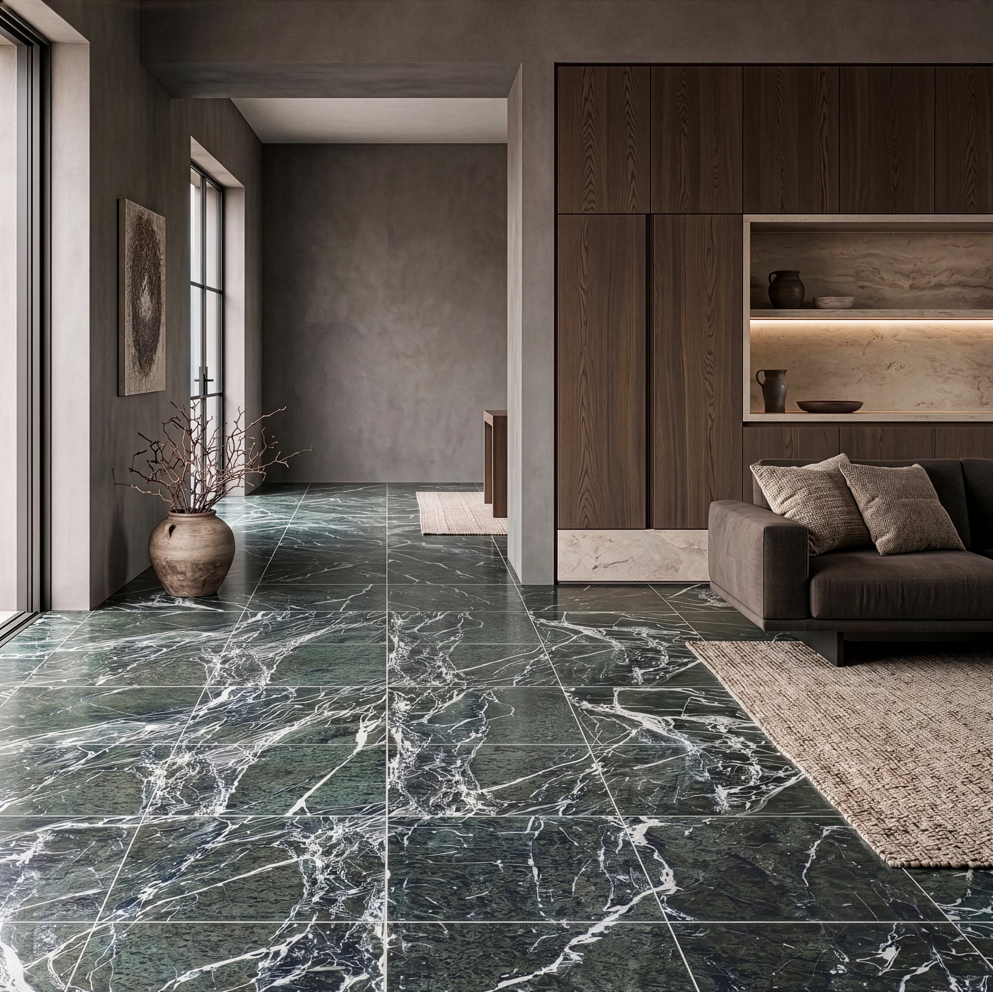 Living space with dark green marble-effect porcelain tiles, modern brown sofa, wooden cabinetry, and natural light from large windows.