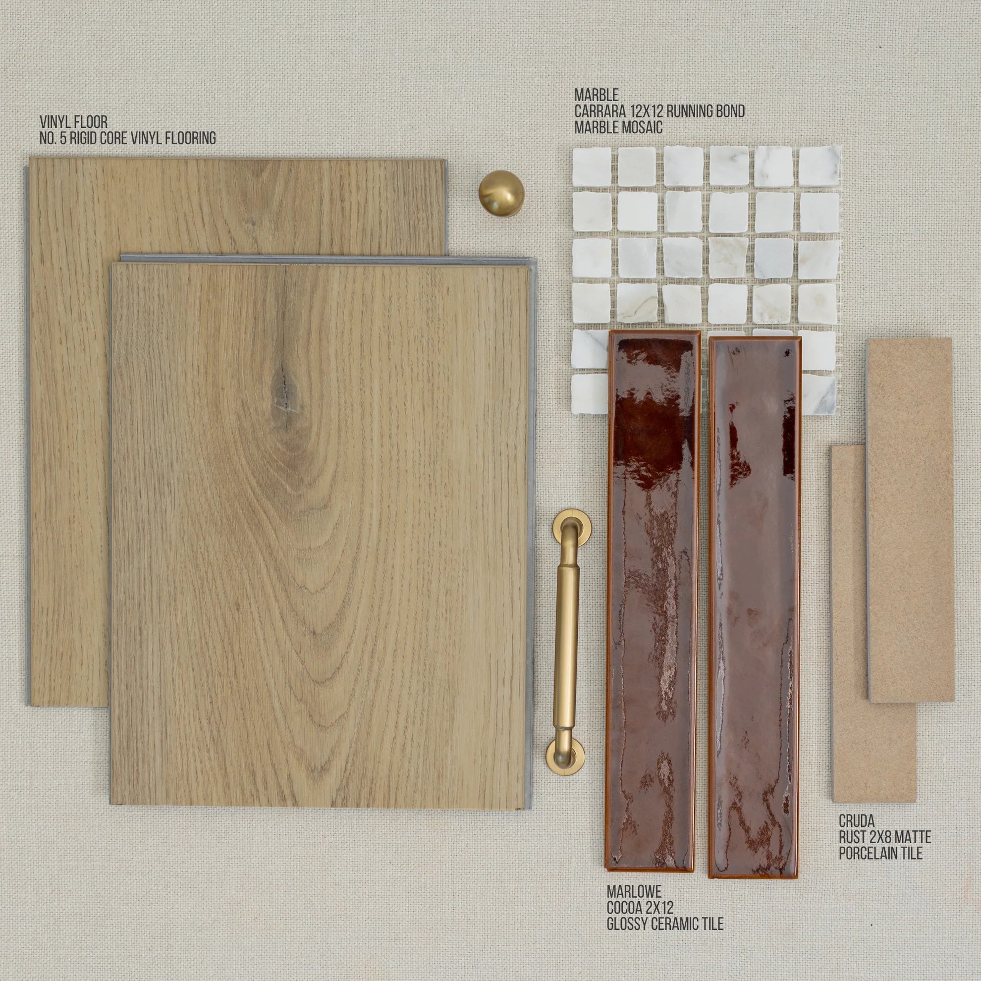Flat lay of natural wood vinyl planks, white marble mosaic, glossy brown ceramic tiles, matte porcelain tiles, and brass hardware components