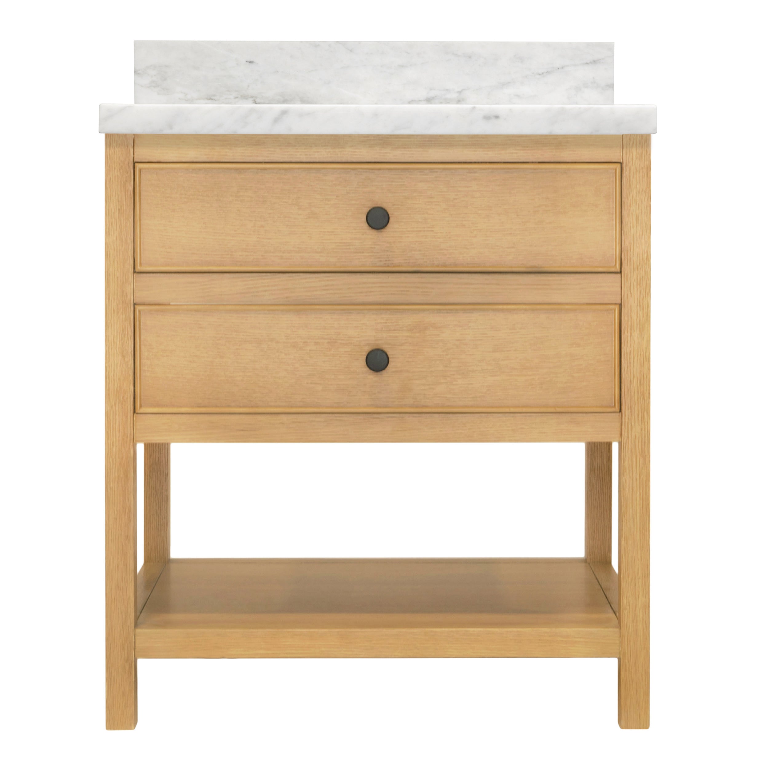 Type 6 Bathroom Vanity in harvest oak with marble top, round knobs, dovetail drawers, and open lower shelf from Bathroom Vanities collection