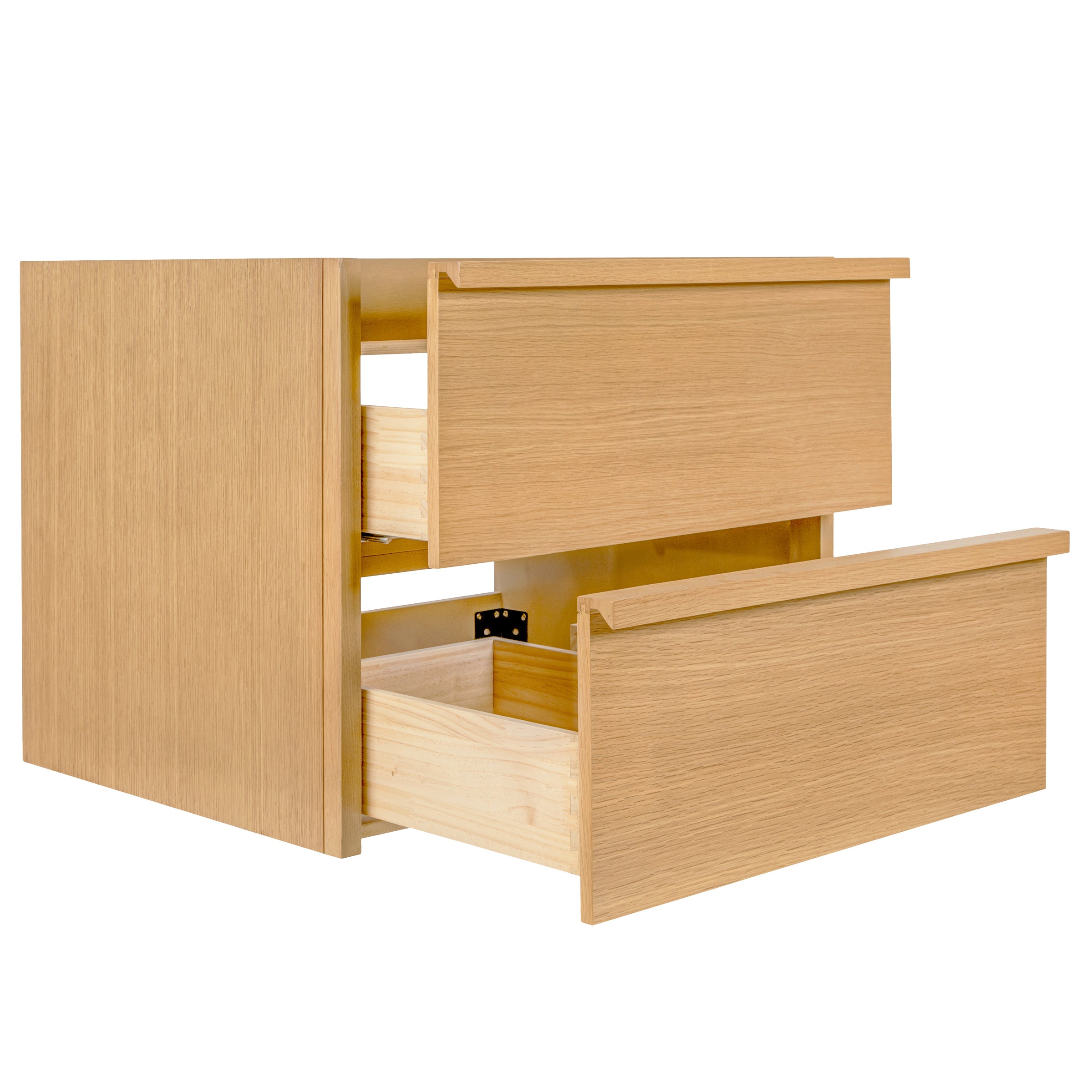 Light oak wooden vanity with two open drawers showing smooth grain and minimalist design details