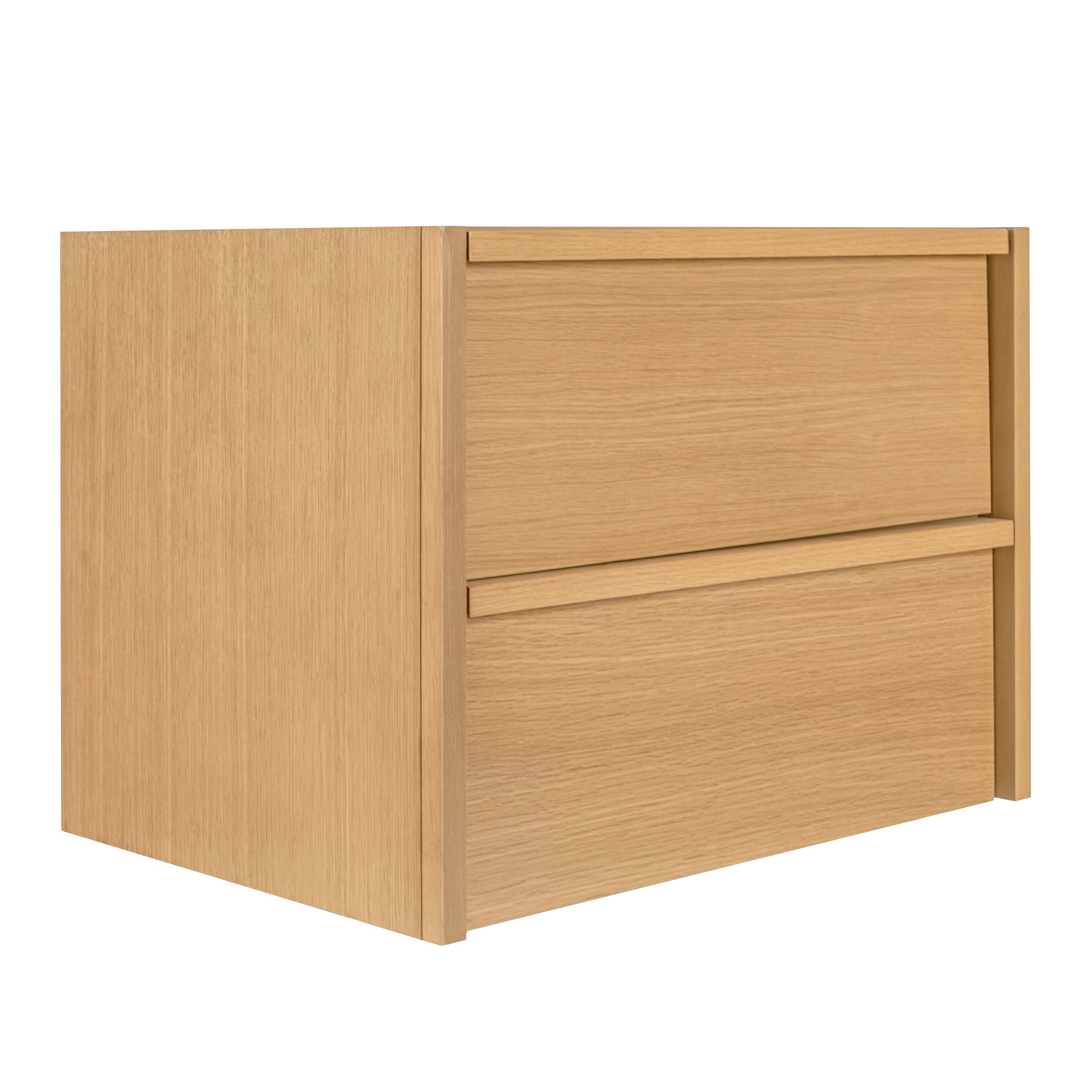 Minimalist light oak wood vanity base with two flat panel drawers and subtle integrated handles visible