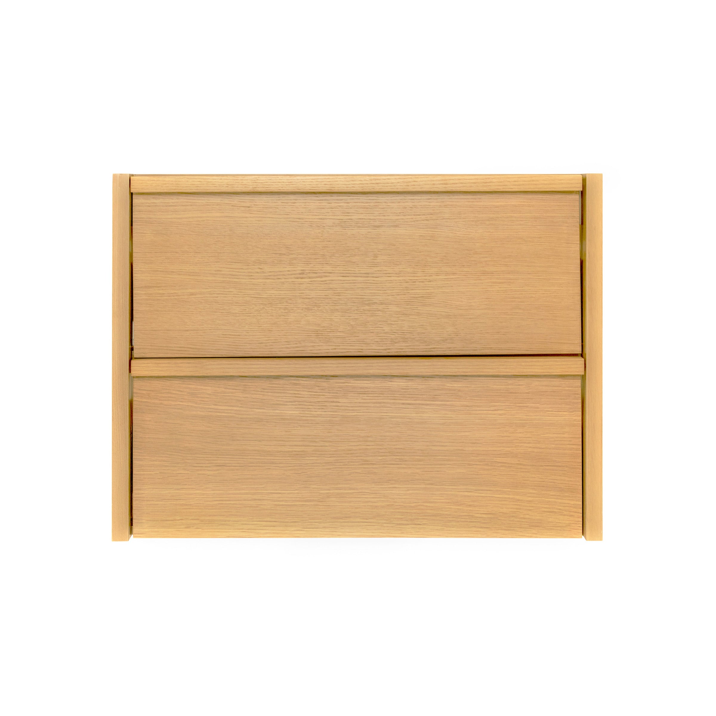 The Dune Bathroom Vanity in beige and brown with two smooth flush drawer fronts and integrated pulls from New Arrivals collection