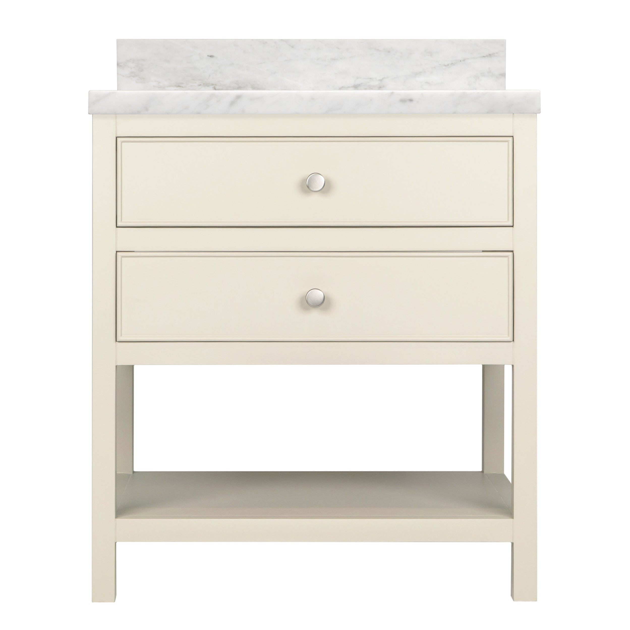 Type 6 Bathroom Vanity in plaster finish with marble countertop, dovetail drawers, open lower shelf, and round knobs designed for Bathroom Vanities.