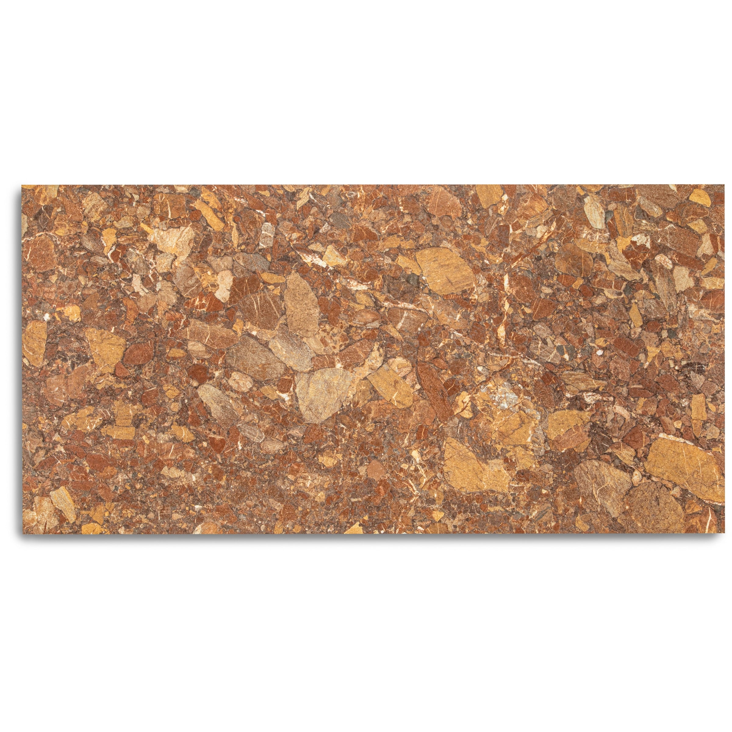 Large format tile with a mosaic of warm red, burnt orange, and golden brown tones in a natural stone pattern