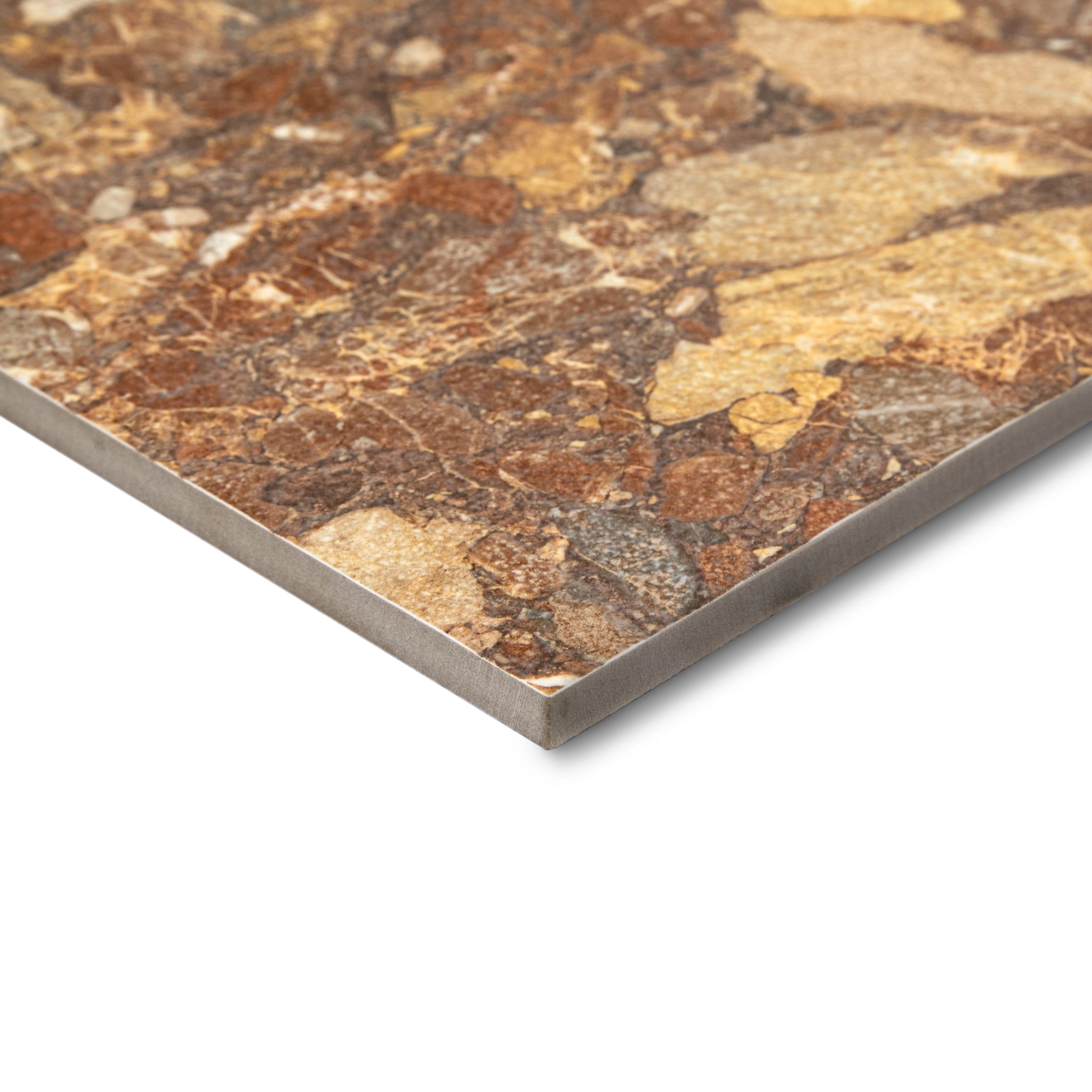 Close-up of textured tile with mix of warm brown, beige, and reddish tones showcasing natural stone-like pattern
