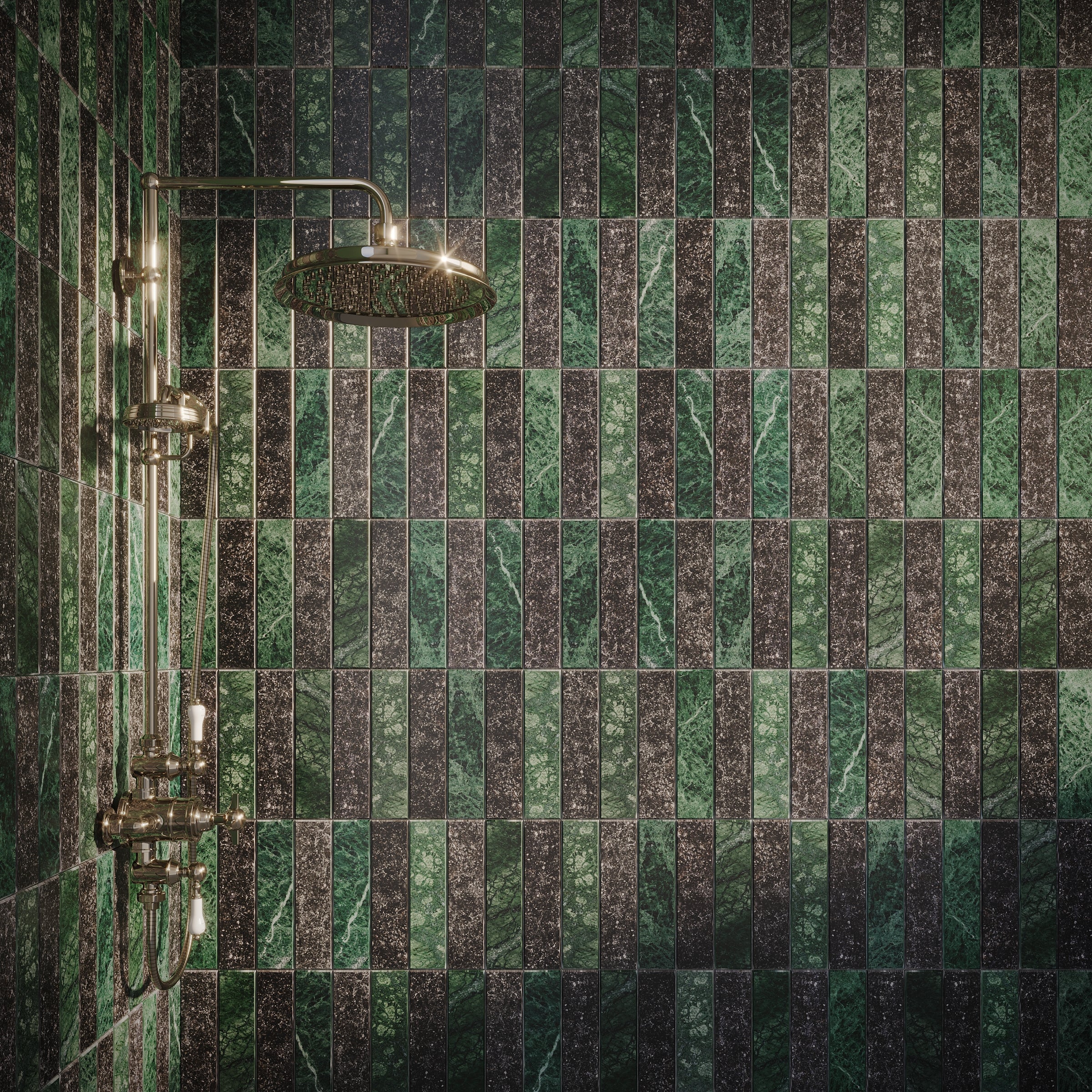 Verde Guatemala Belgian Blue Tumbled Stone Checker Stripe marble tiles in green and black from Tumbled Natural Stone Tiles collection