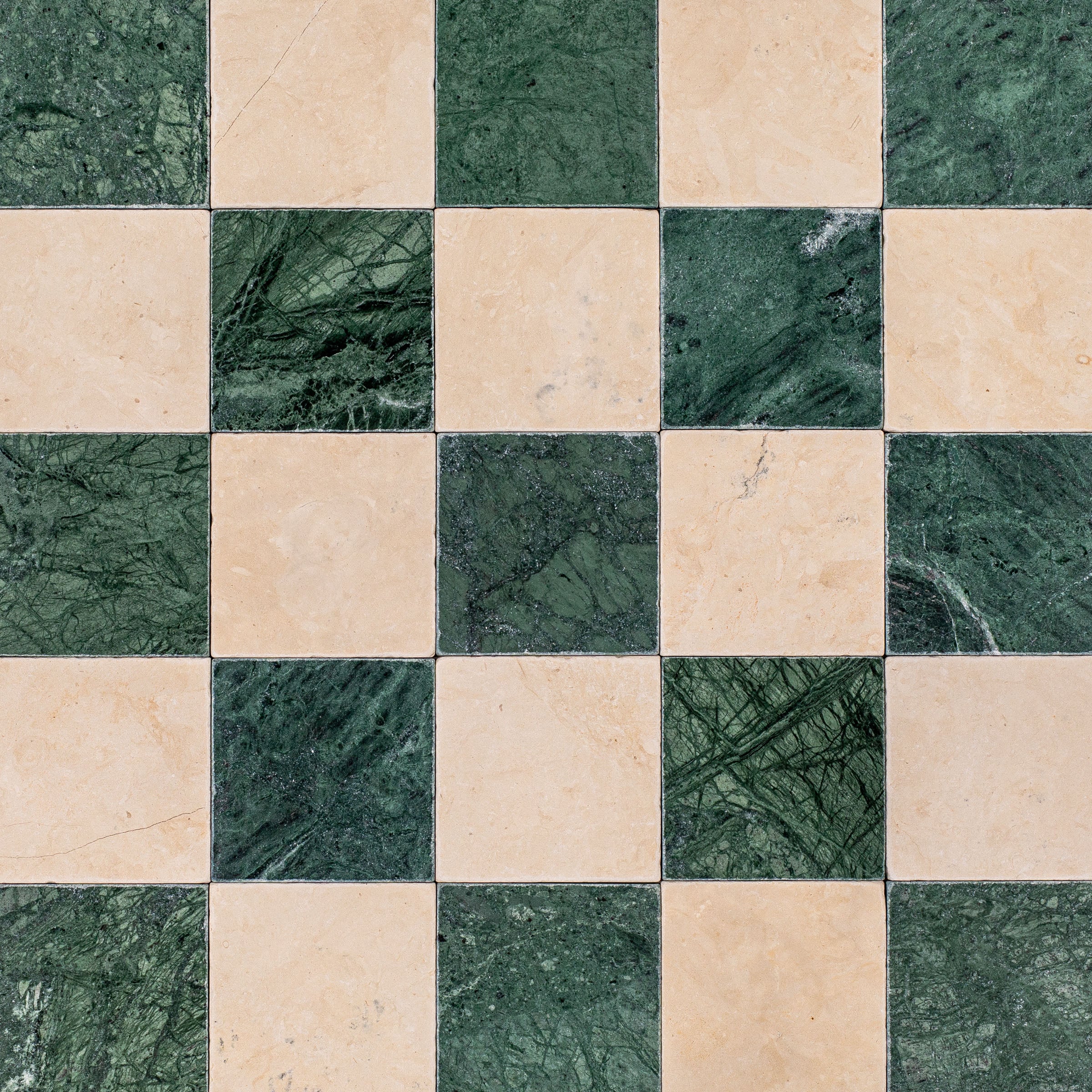 Verde Guatemala Desert Tea Tumbled Stone Checkerboard green and beige marble tiles from Tumbled Natural Stone Tiles collection