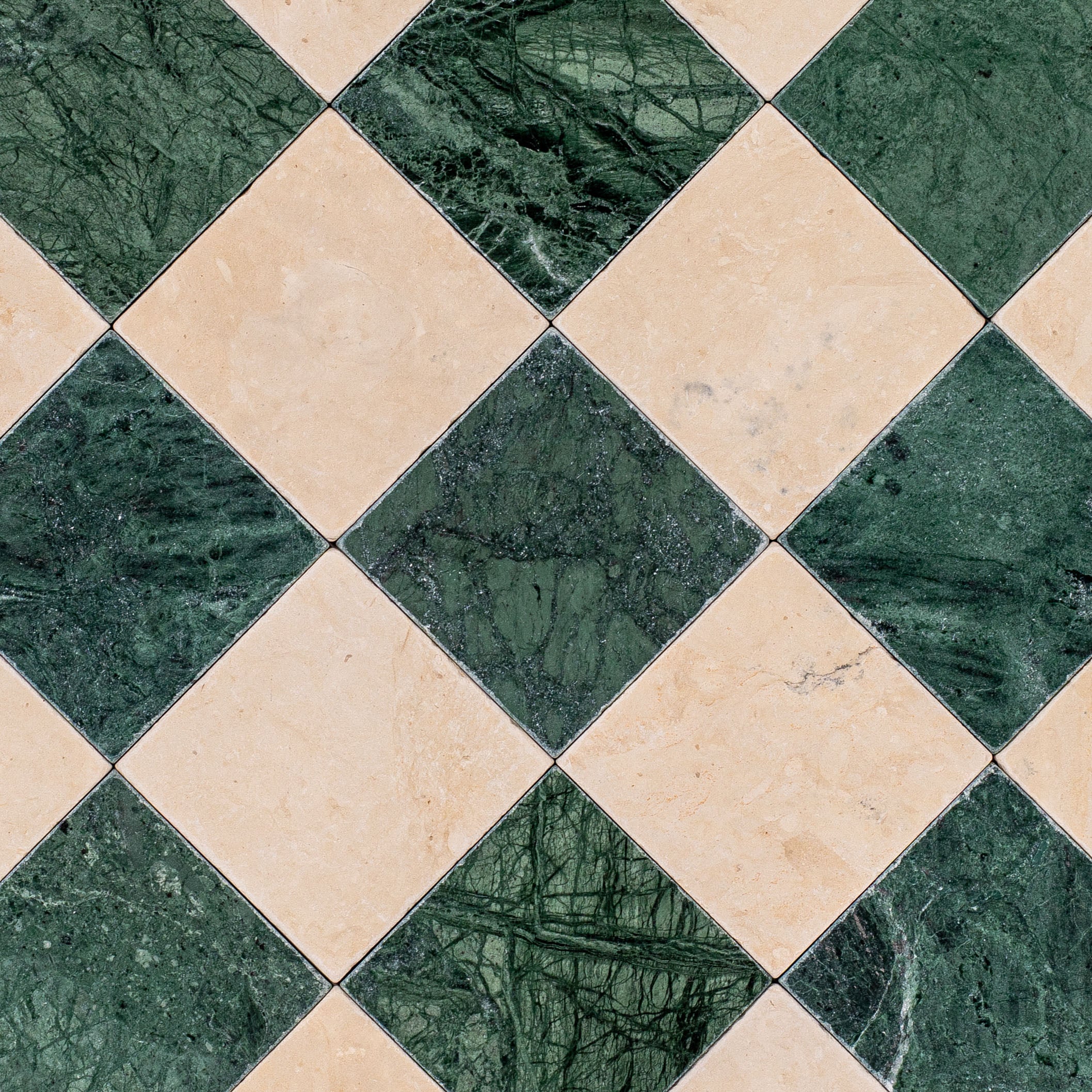 Verde Guatemala Desert Tea Tumbled Stone Checkerboard green and beige marble tile from Tumbled Natural Stone Tiles collection