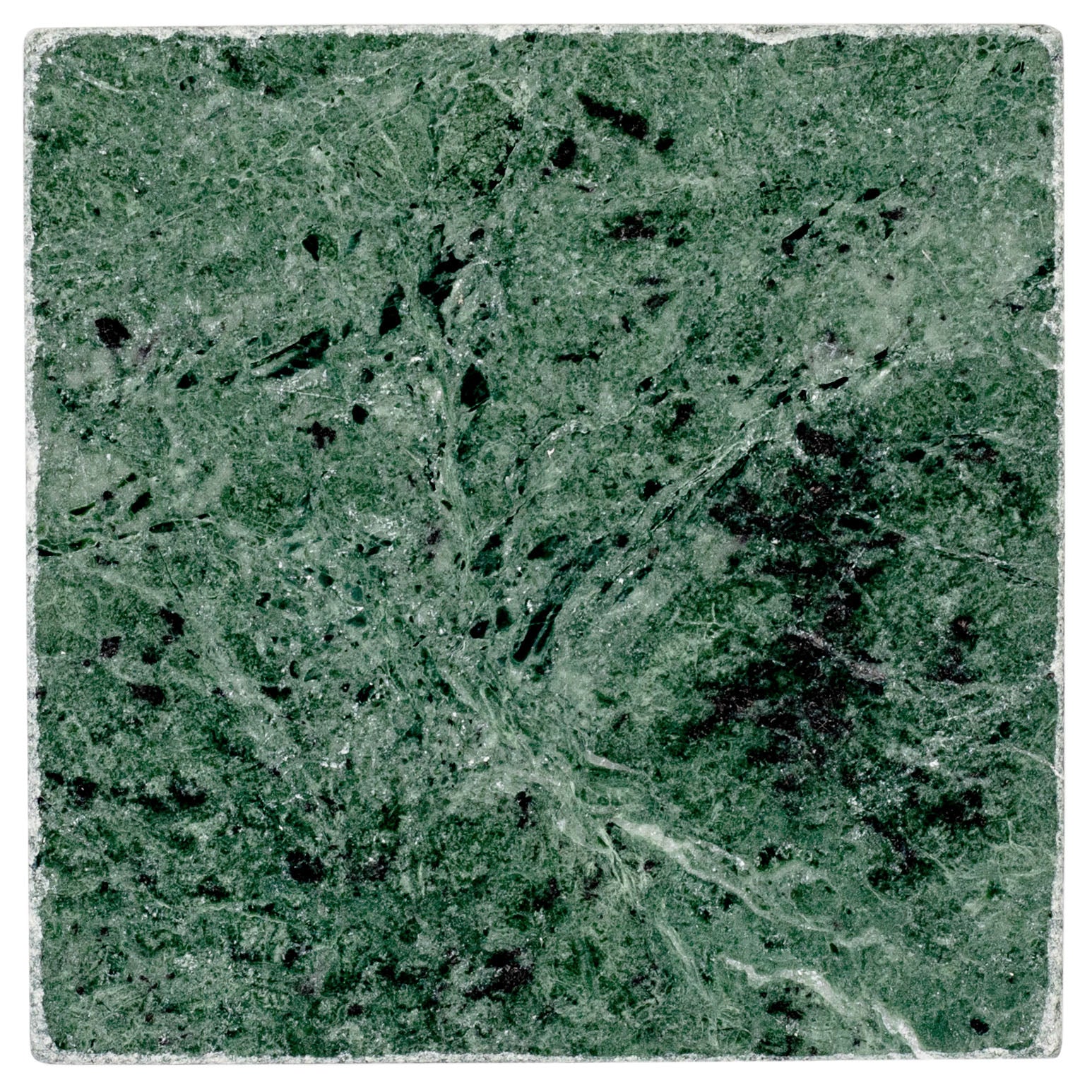 Square green marble tile with natural veining and subtle dark speckles for creative flooring or wall design