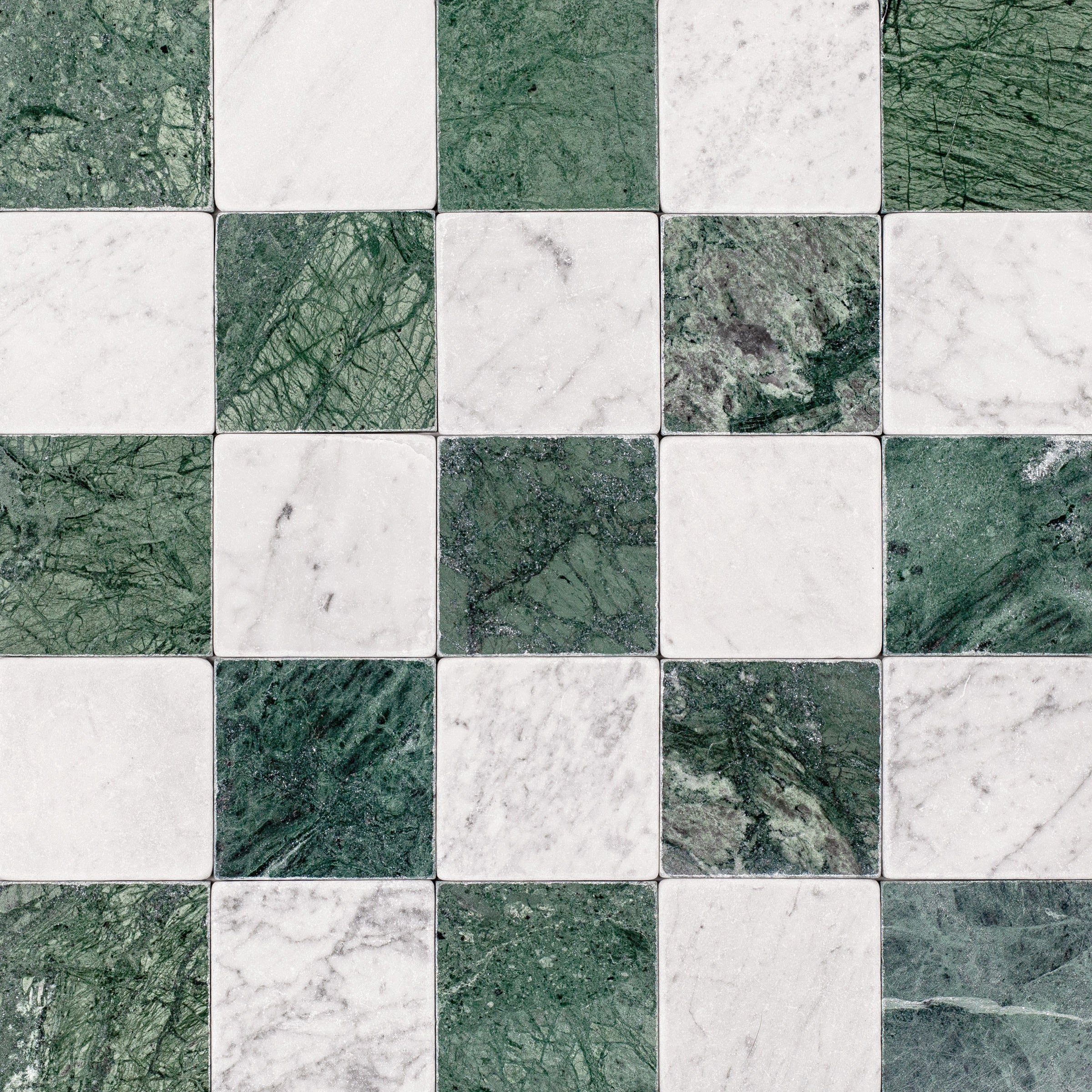 Carrara Verde Guatemala Tumbled Stone Checkerboard green and white marble tiles from Tumbled Natural Stone Tiles collection