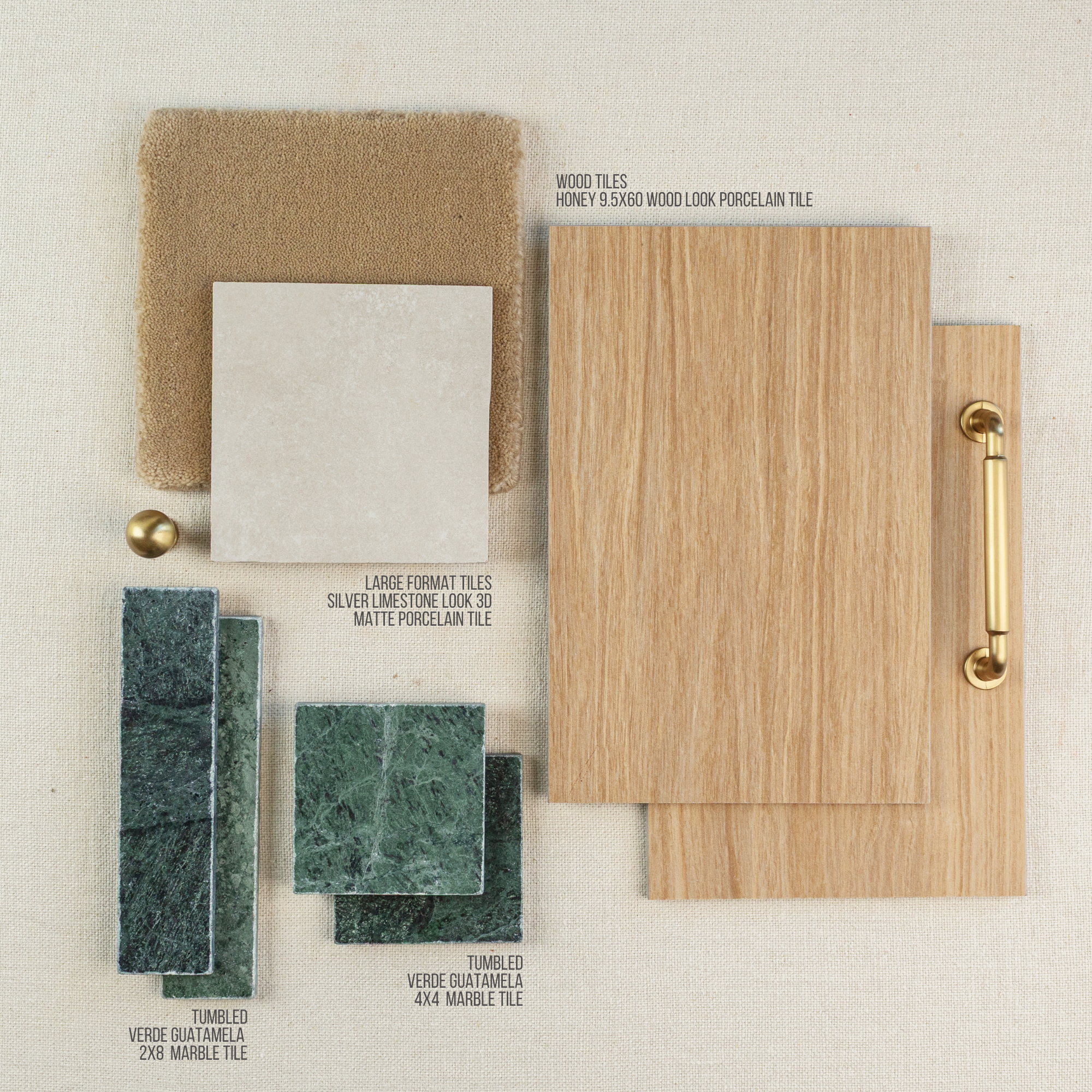 Flat lay of honey-toned wood-look porcelain tile, matte limestone tile, green Guatamela marble tiles, and beige fabric swatch with hardware handle.
