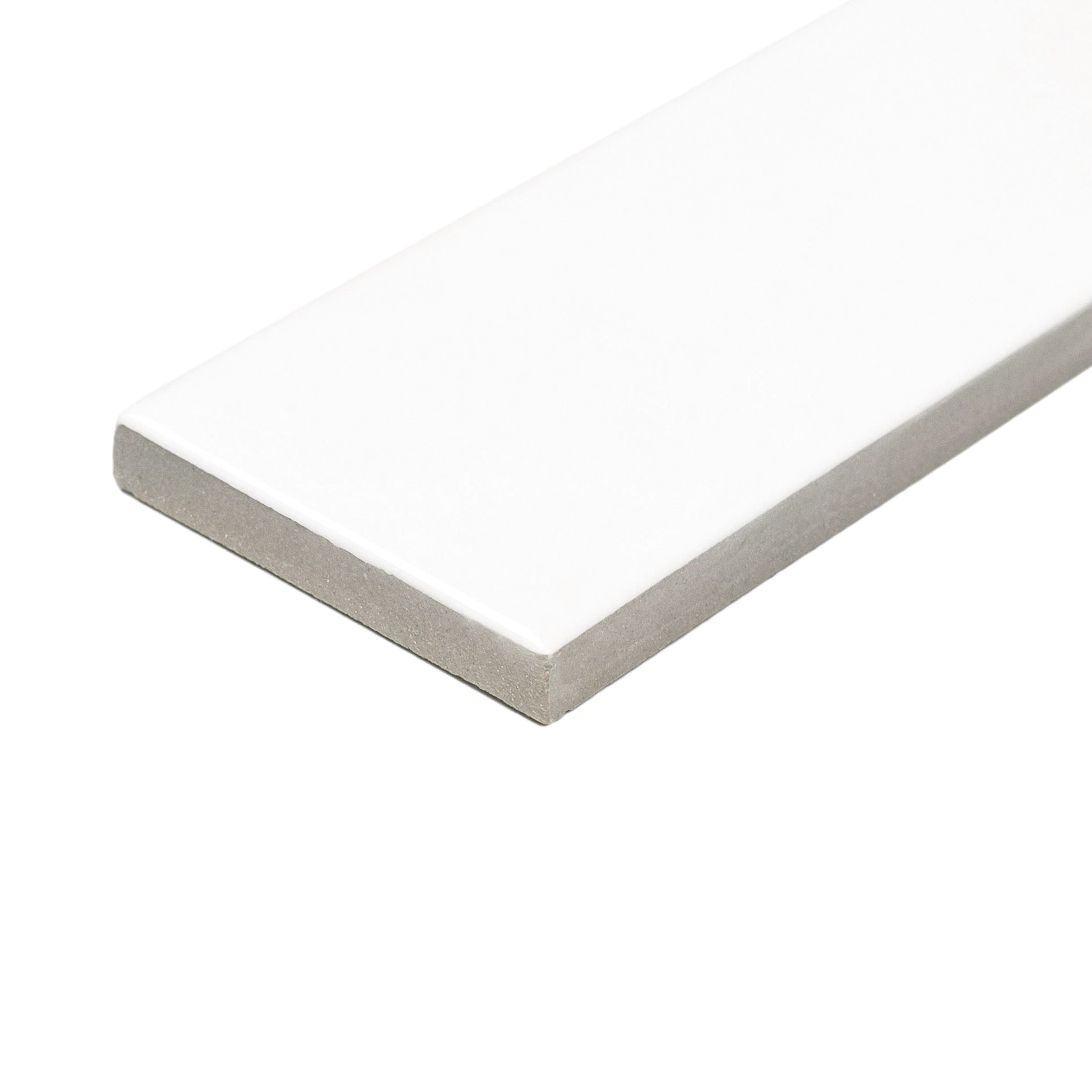 Glossy slim white porcelain tile with slightly beveled edges showcasing smooth surface and clean finish on a plain white background