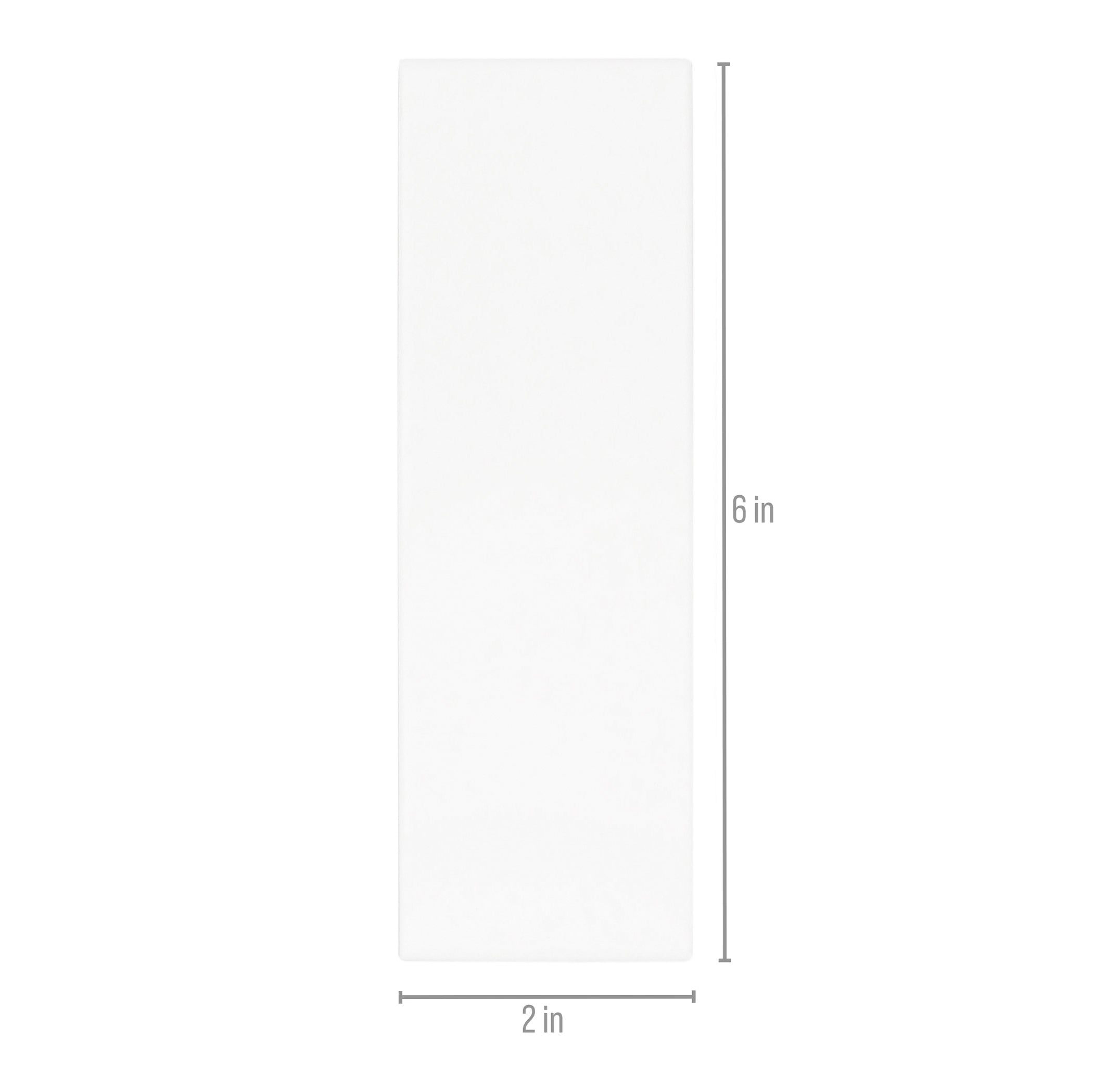 Matte white porcelain tile with smooth surface and clean, straight edges shown with 2 by 6 inch dimensions