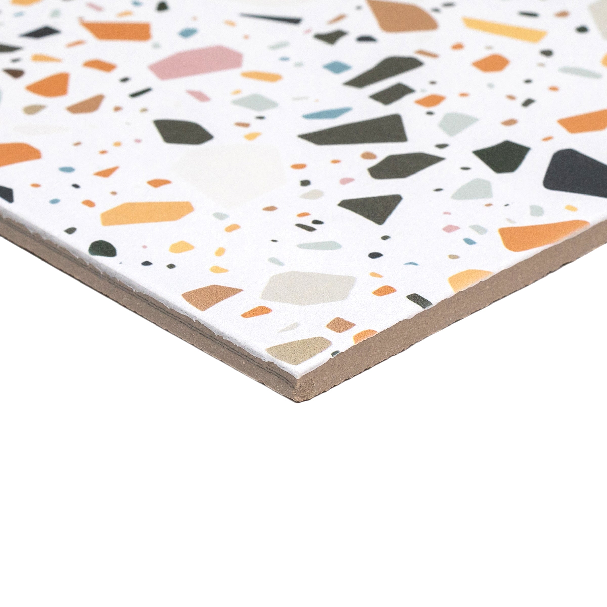 White Multi-Color Matte Porcelain Tile with bright white base and multicolor terrazzo flecks from Small Format Tiles collection