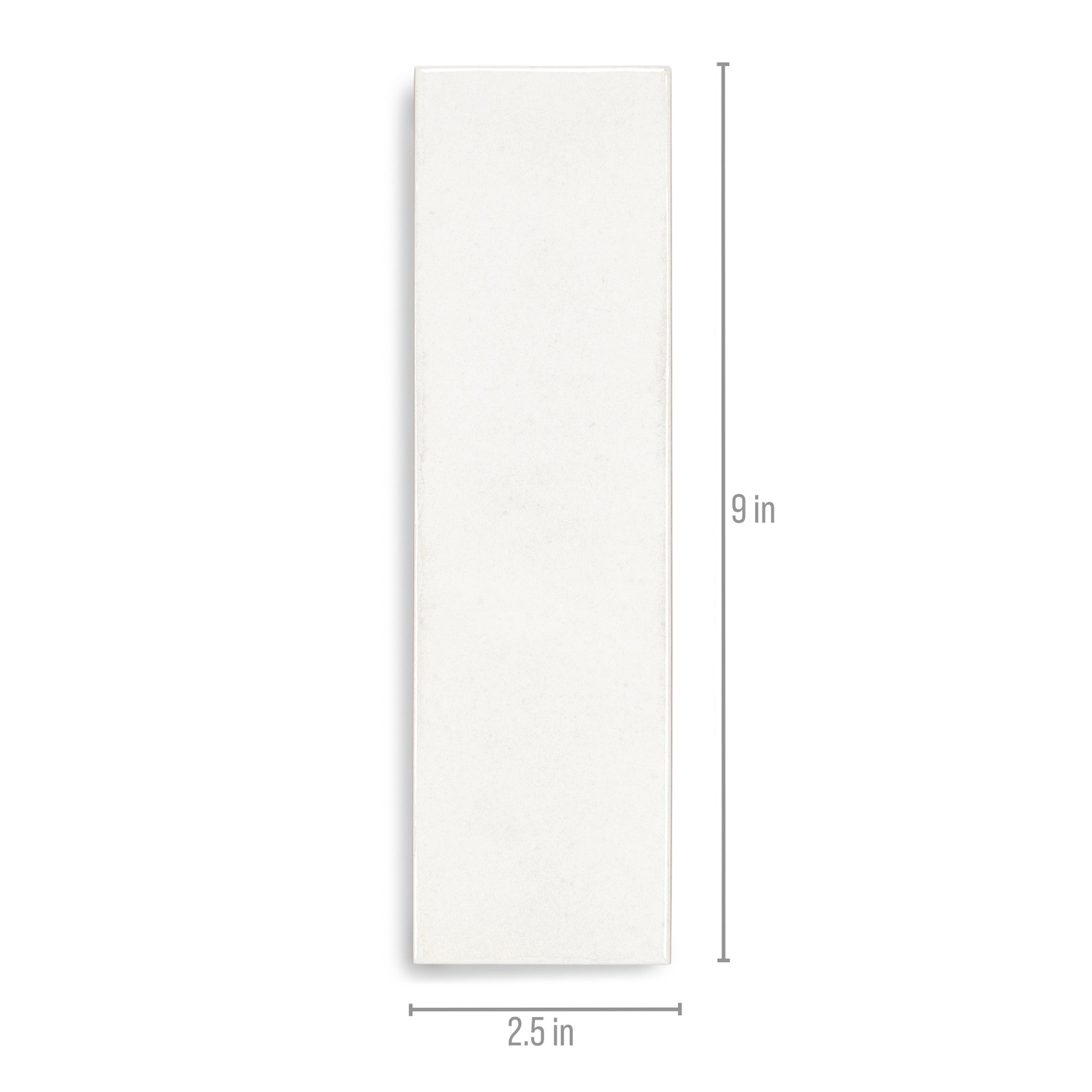 Slim rectangular white ceramic tile with subtle texture shown with dimensions on white background