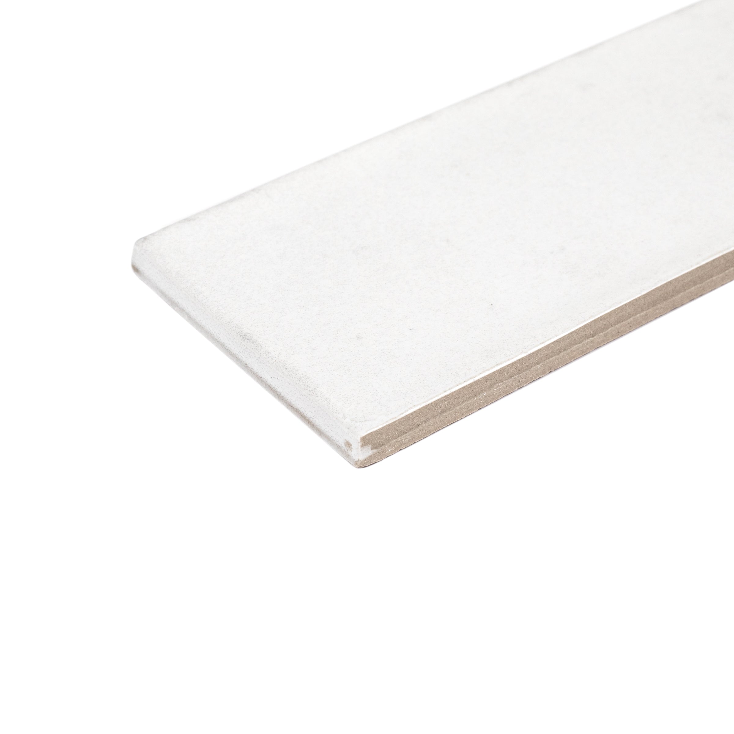 Single narrow ceramic tile in smooth matte white with clean edges against a plain white background