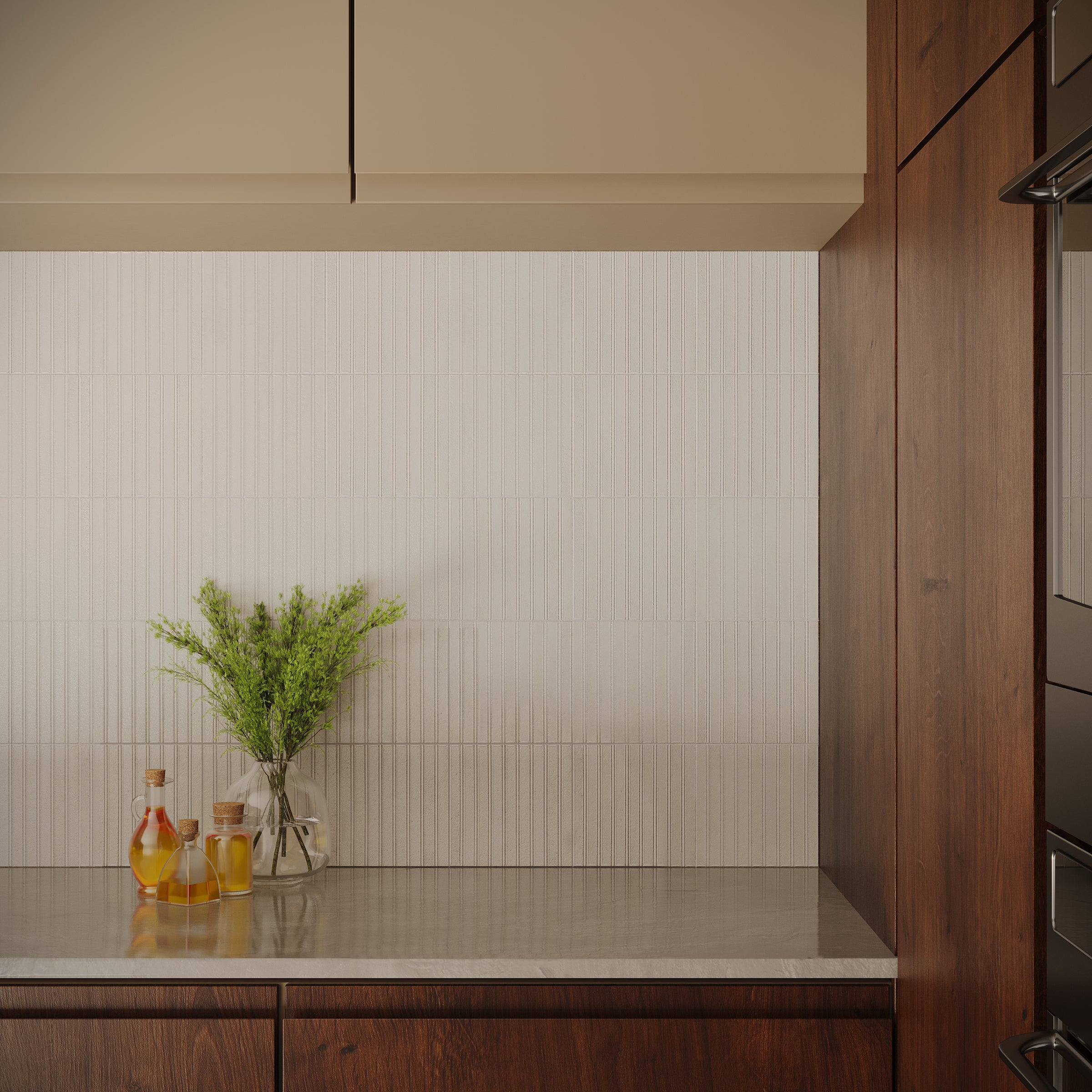 Light textured ceramic tile backsplash with vertical lines above a polished stone countertop and wood cabinetry accents
