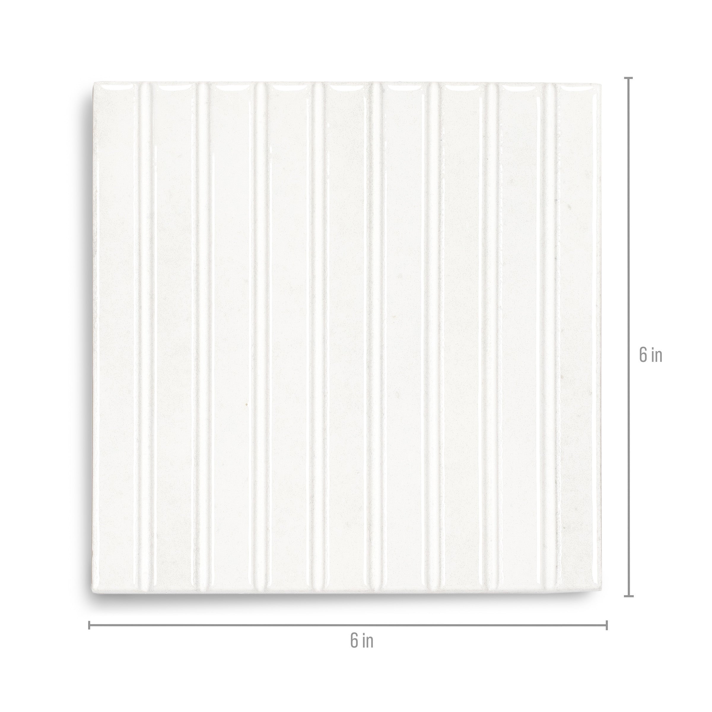 Square white ceramic tile with narrow vertical ridges and a matte finish on a plain white background