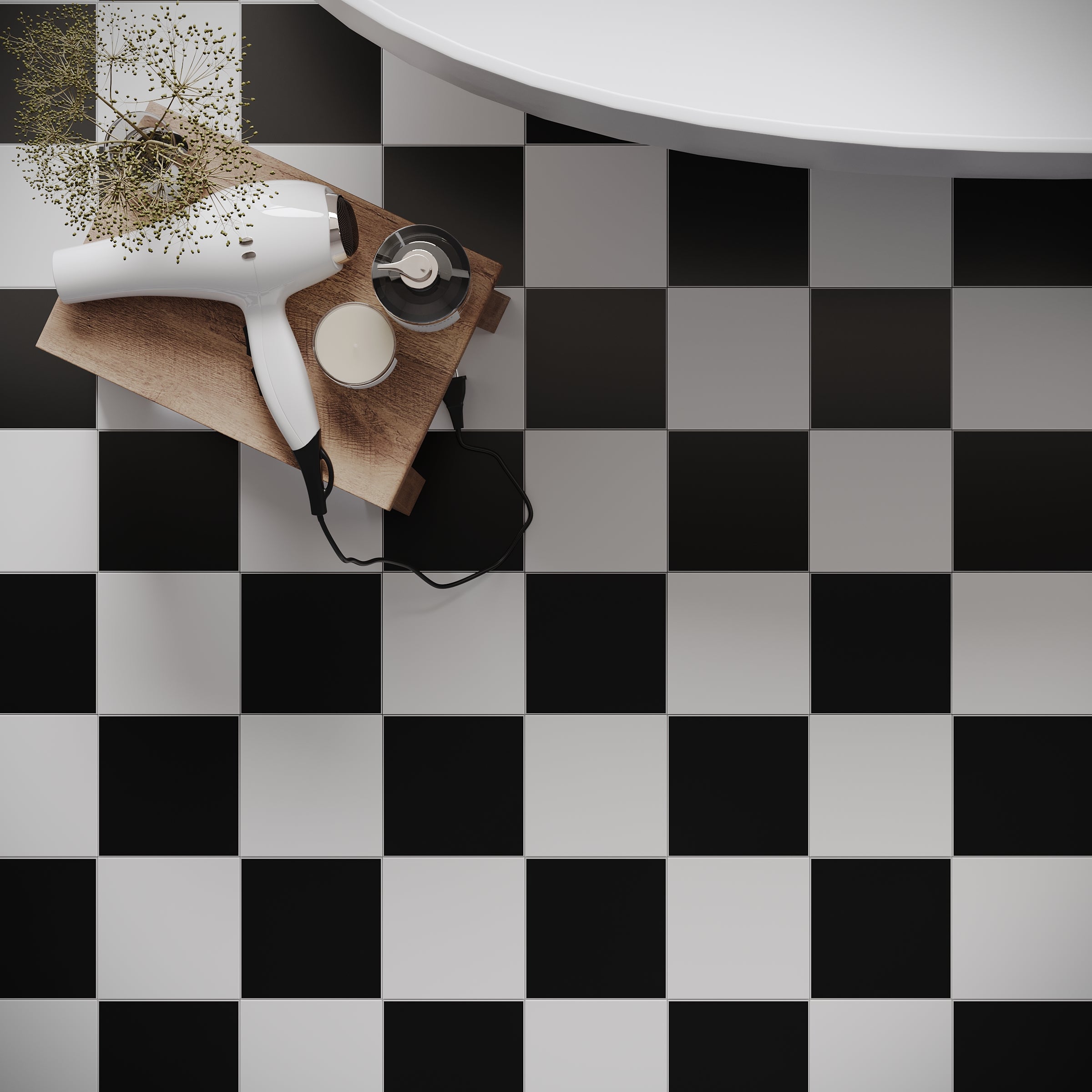 Matte black and white checkerboard porcelain tile floor with wooden tray holding a hair dryer and small accessories