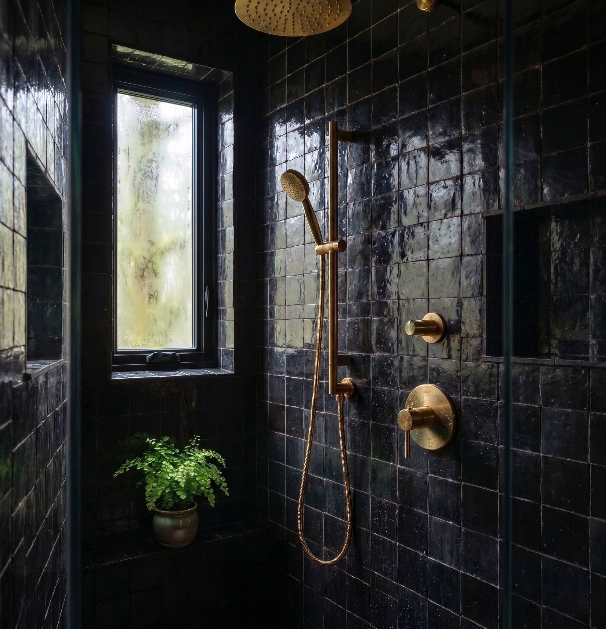 Shiny black glazed zellige tile in a small format shower with matte gold fixtures and a window with greenery outside.