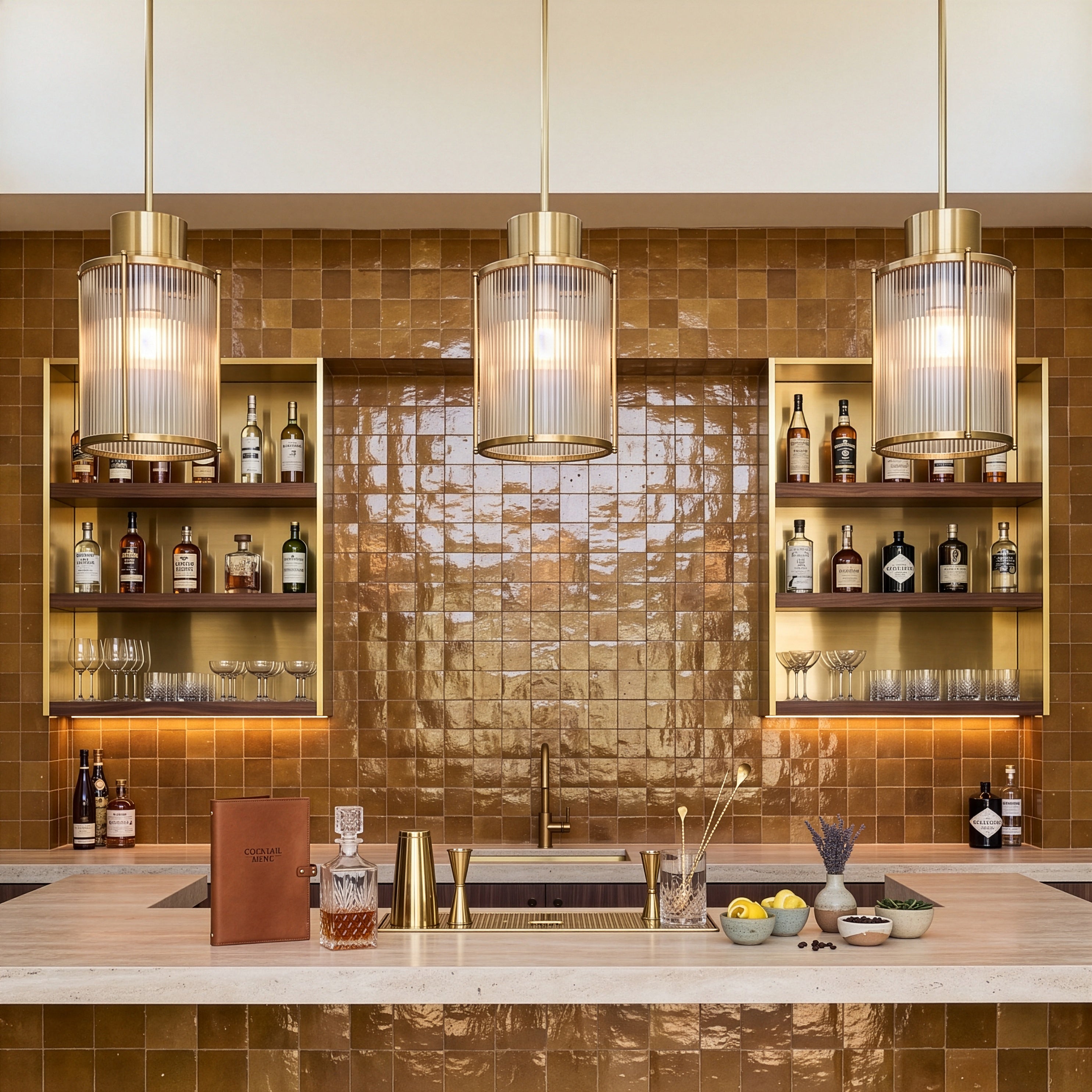 Kitchen bar backsplash and counter front featuring Caramel Glazed Zellige Tile with warm golden tones and handmade texture