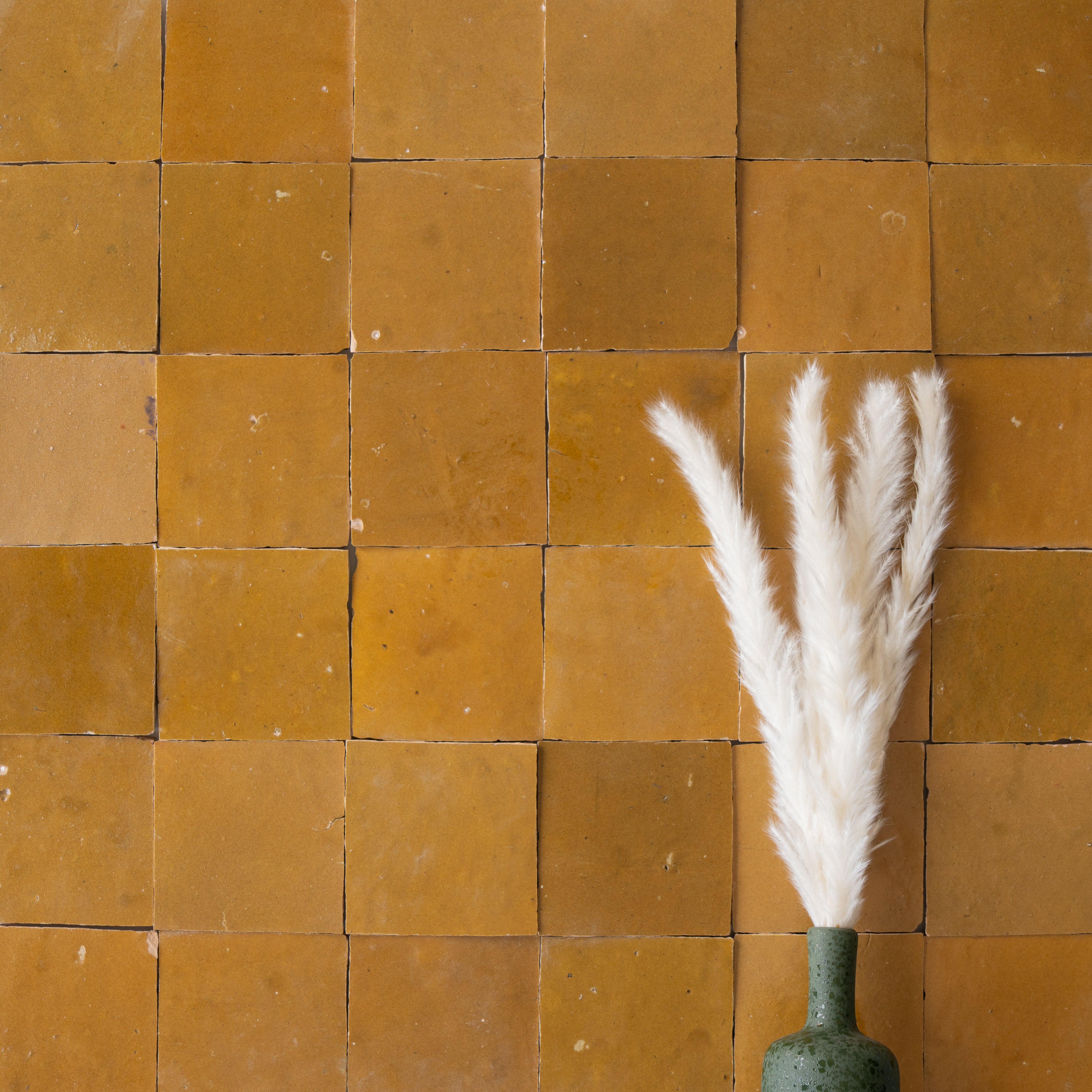 Warm terracotta ceramic tiles in a grid with a green vase holding soft white pampas grass on the side