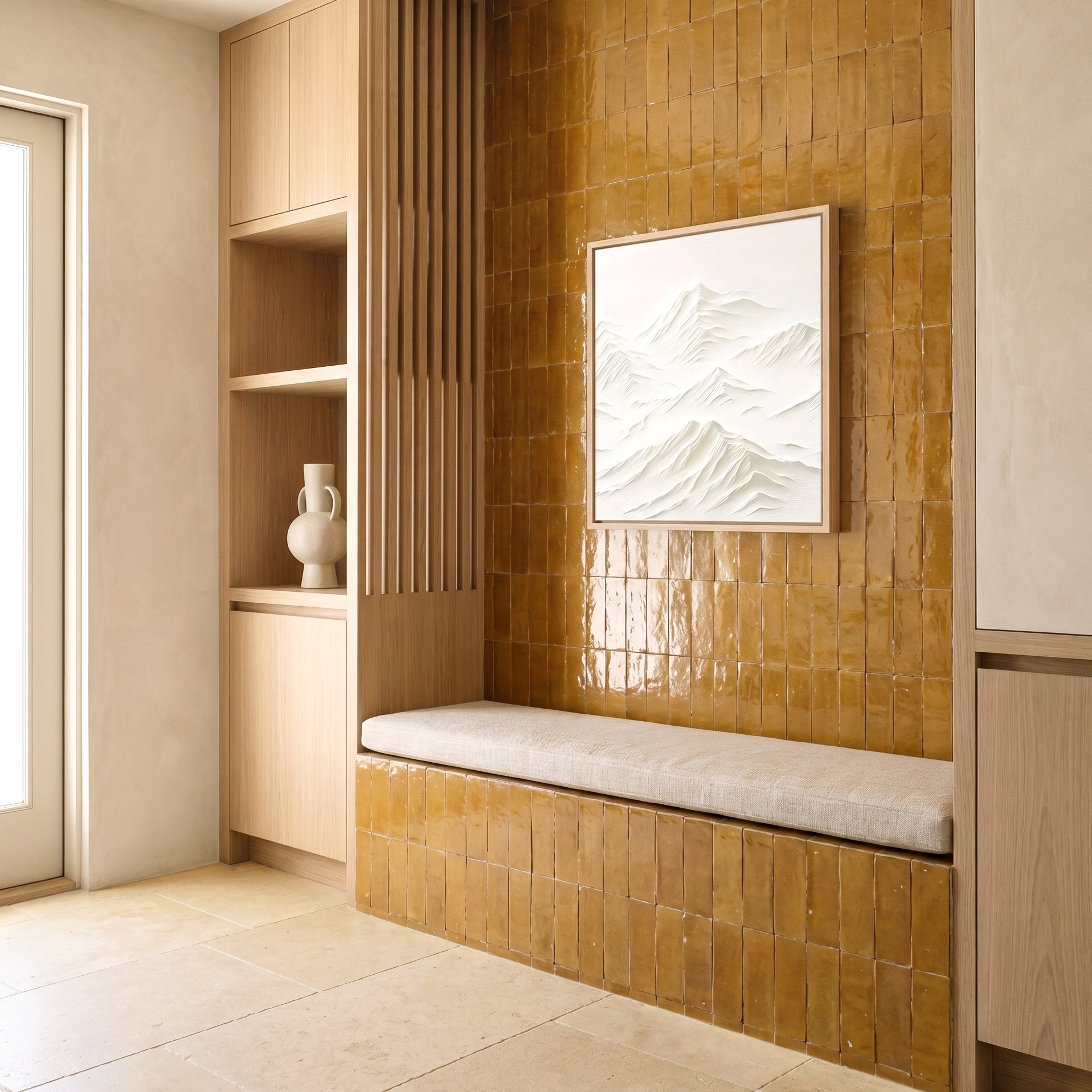 Caramel Glazed Zellige Plinth tiles warm this entry hallway with handmade Moroccan style and small format tile detail.