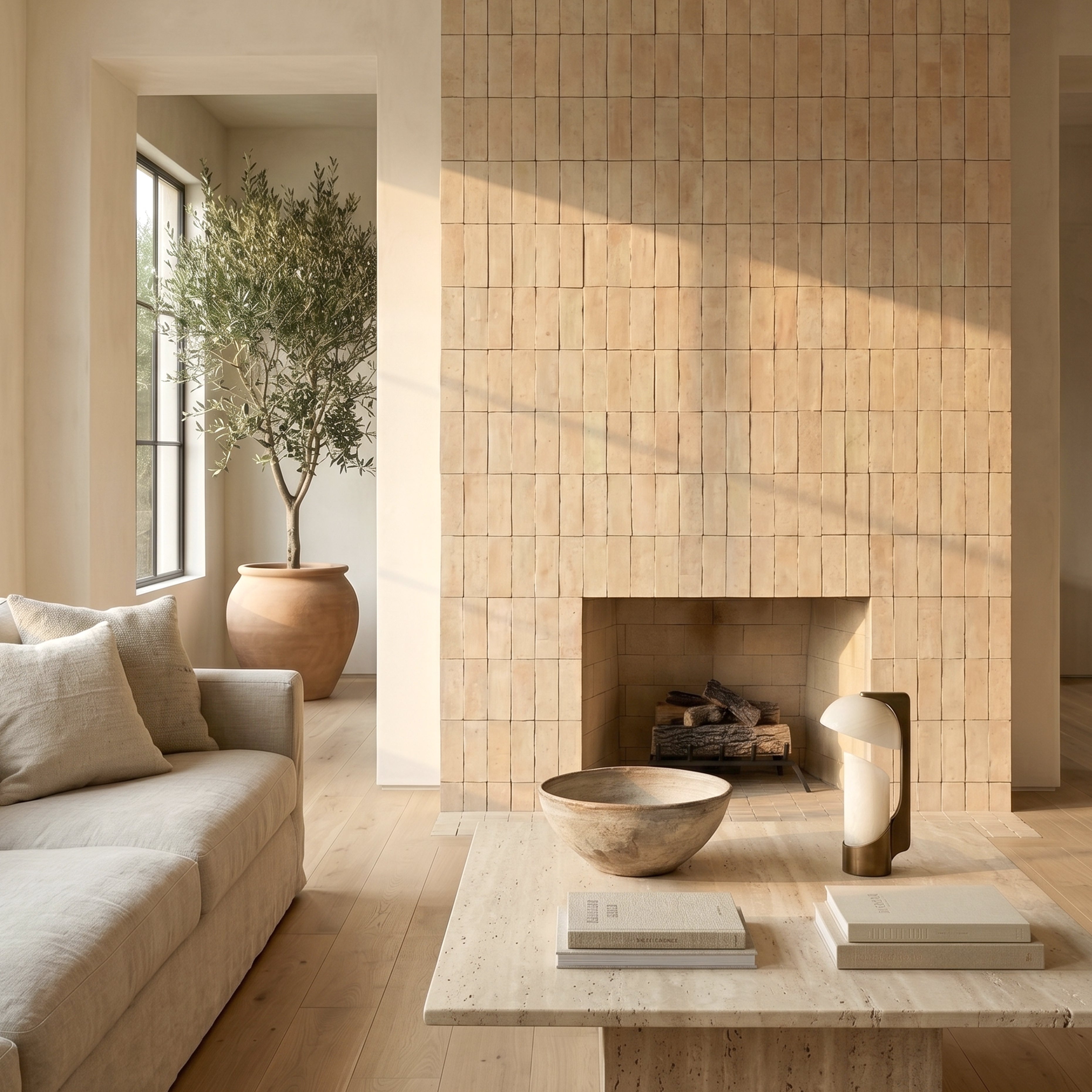 Living room with Natural Unglazed Zellige Plinth tile wall, light wood floors, and neutral decor in a stylish home setting