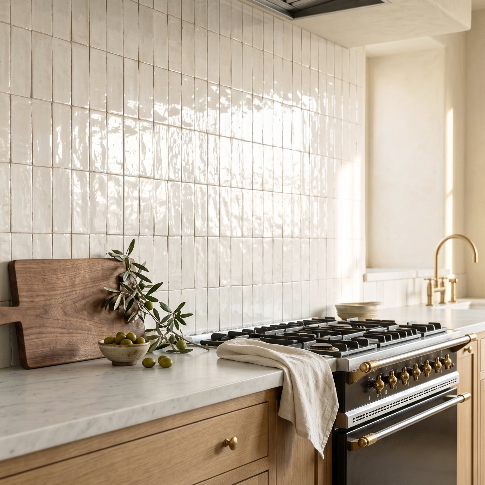 White Glazed Zellige Plinth tiles on kitchen wall with warm wood cabinets and brass hardware accents