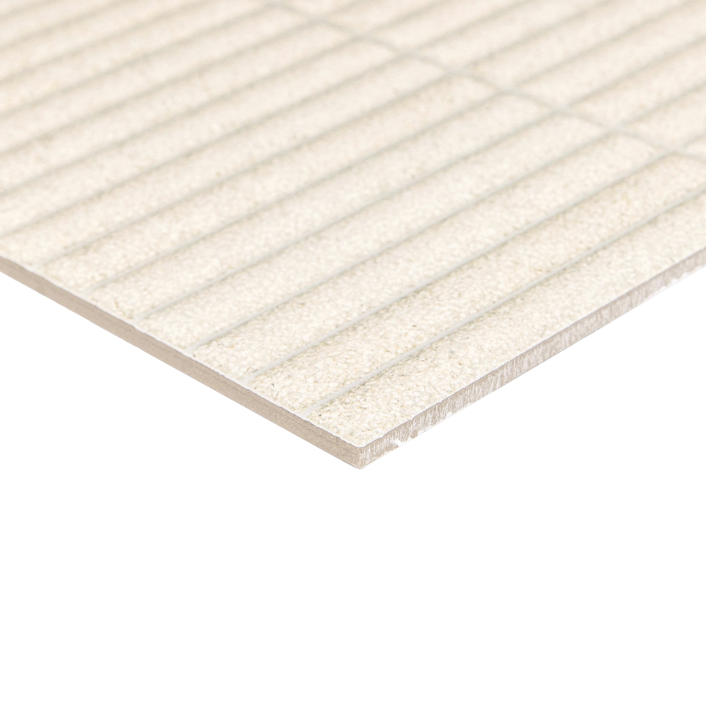 Close-up of a textured light almond porcelain tile with fine horizontal ridges and a matte finish edge visible