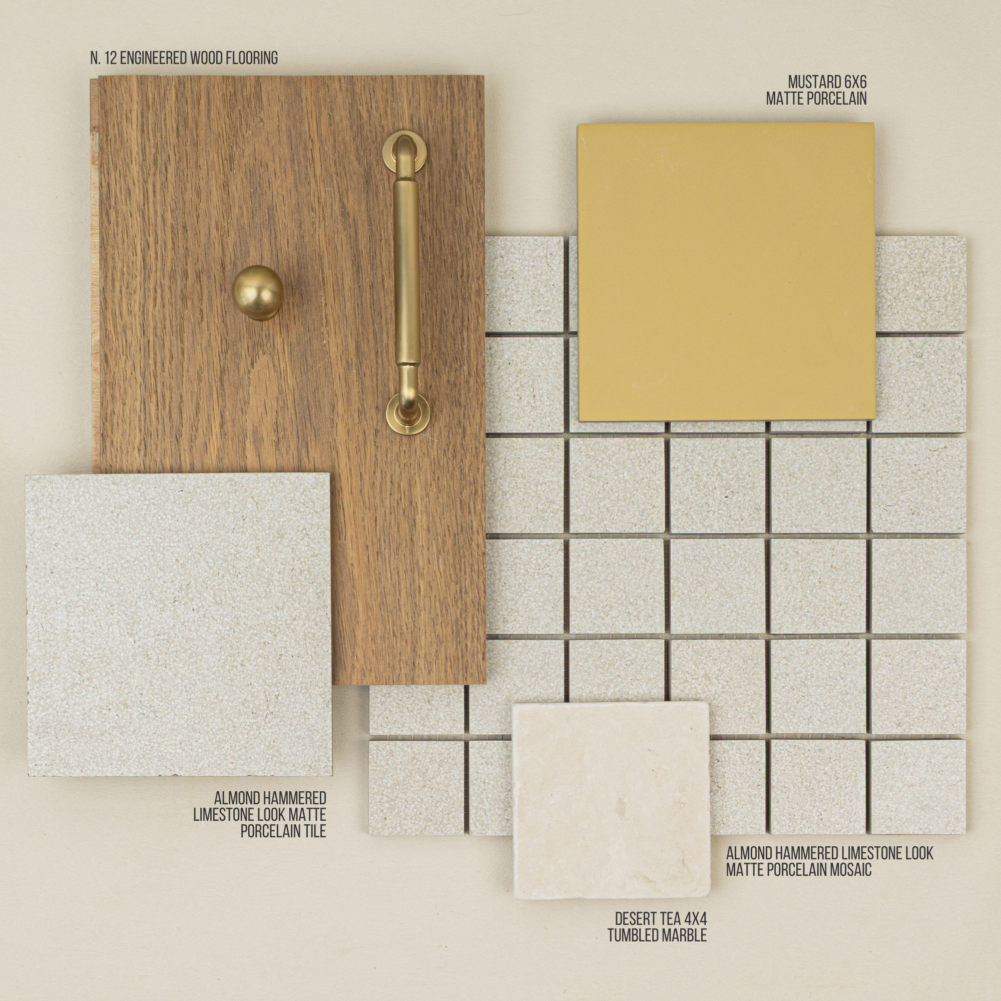 Flat lay of almond hammered limestone-look porcelain tile, matte mustard porcelain, tumbled marble, engineered wood plank, and brass hardware