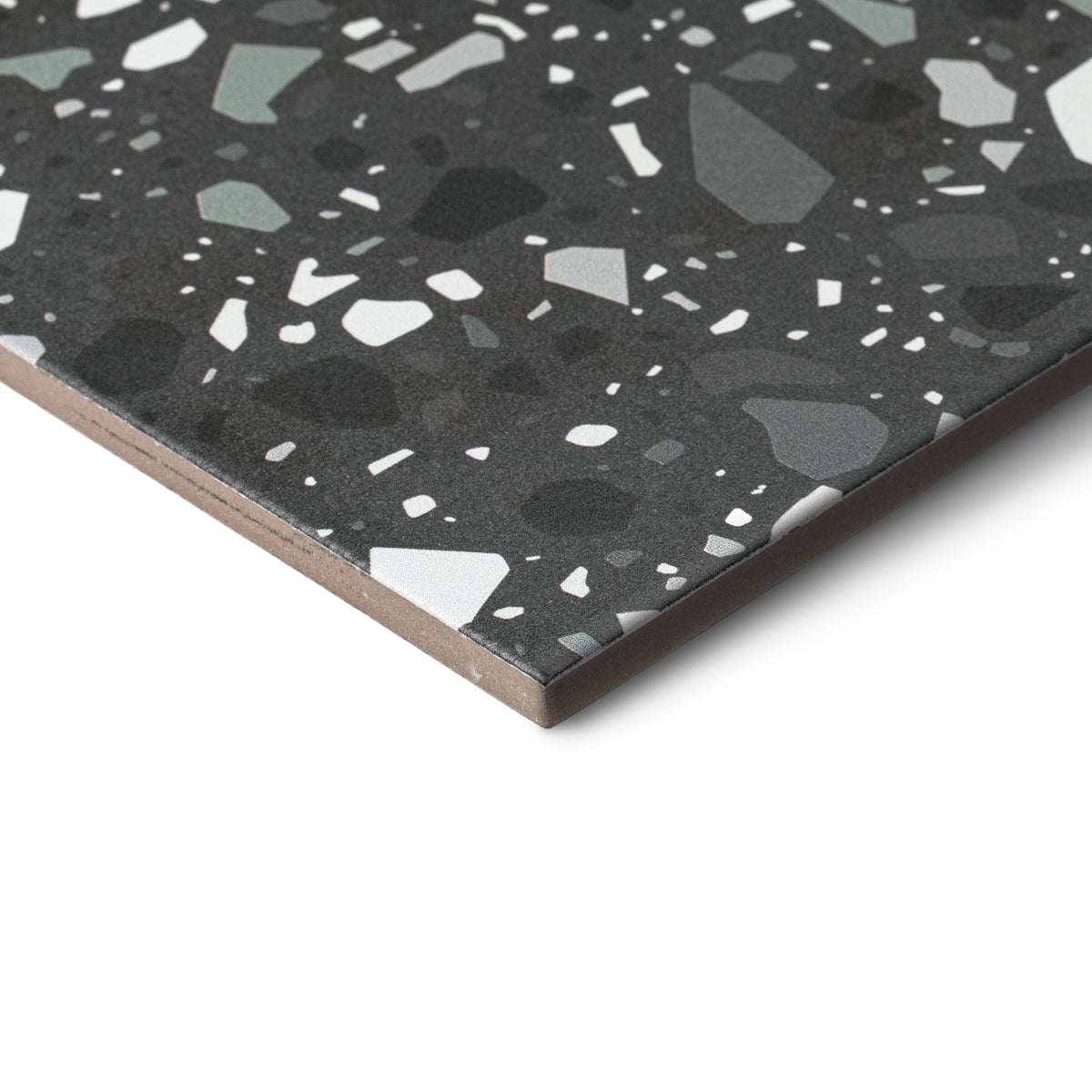 Simulated alt text for Pepper Confetti Porcelain Tile Sample for reno-source.myshopify.com. You are an expert SEO agent. You will generate an ALT text for this image. <Store_Context> Business Details: USP 1 Title: Direct from the factory Description: W...