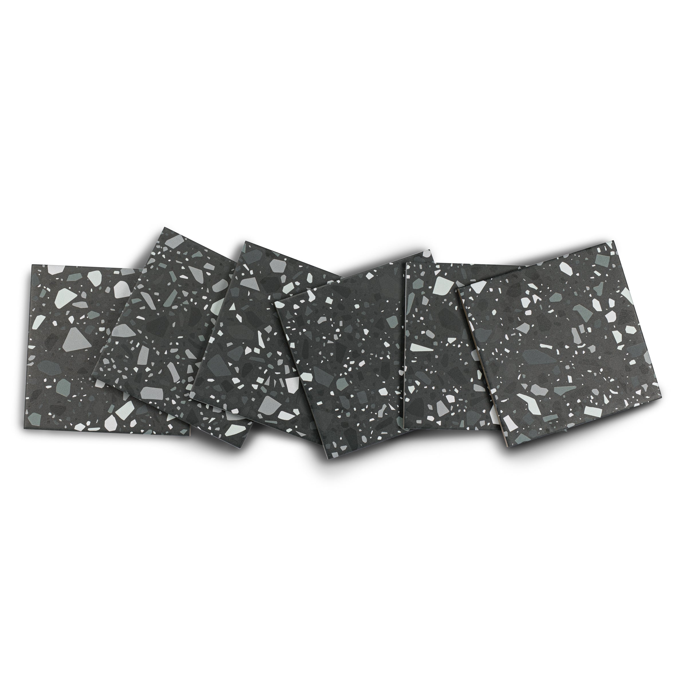 Black 2 Confetti Porcelain Tile samples from the Porcelain collection featuring dark ceramic tile with confetti pattern.