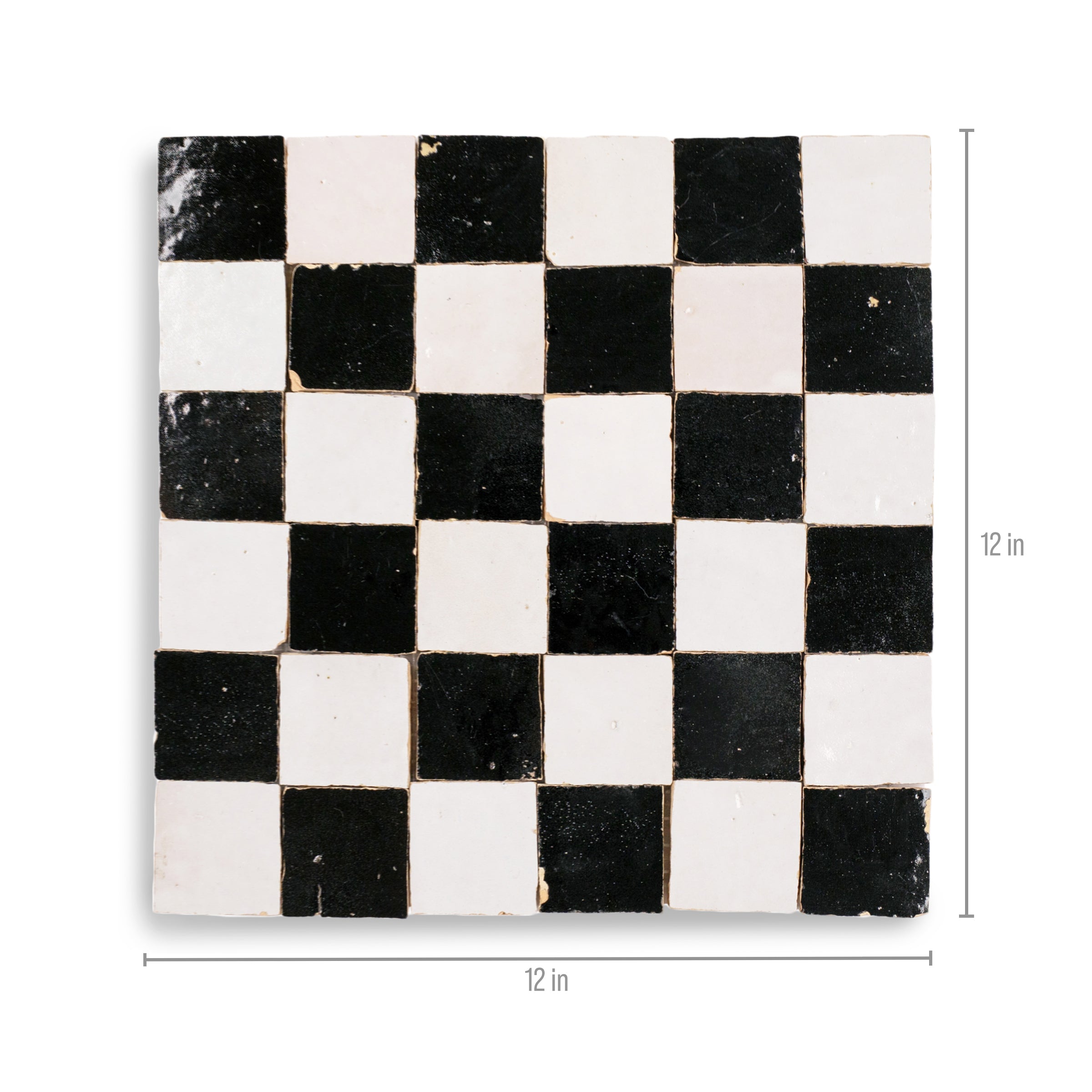White & Black 2x2 Zellige Checkerboard Mosaic in terracotta with handmade uneven black and white tiles from Handmade Moroccan Zellige Tiles