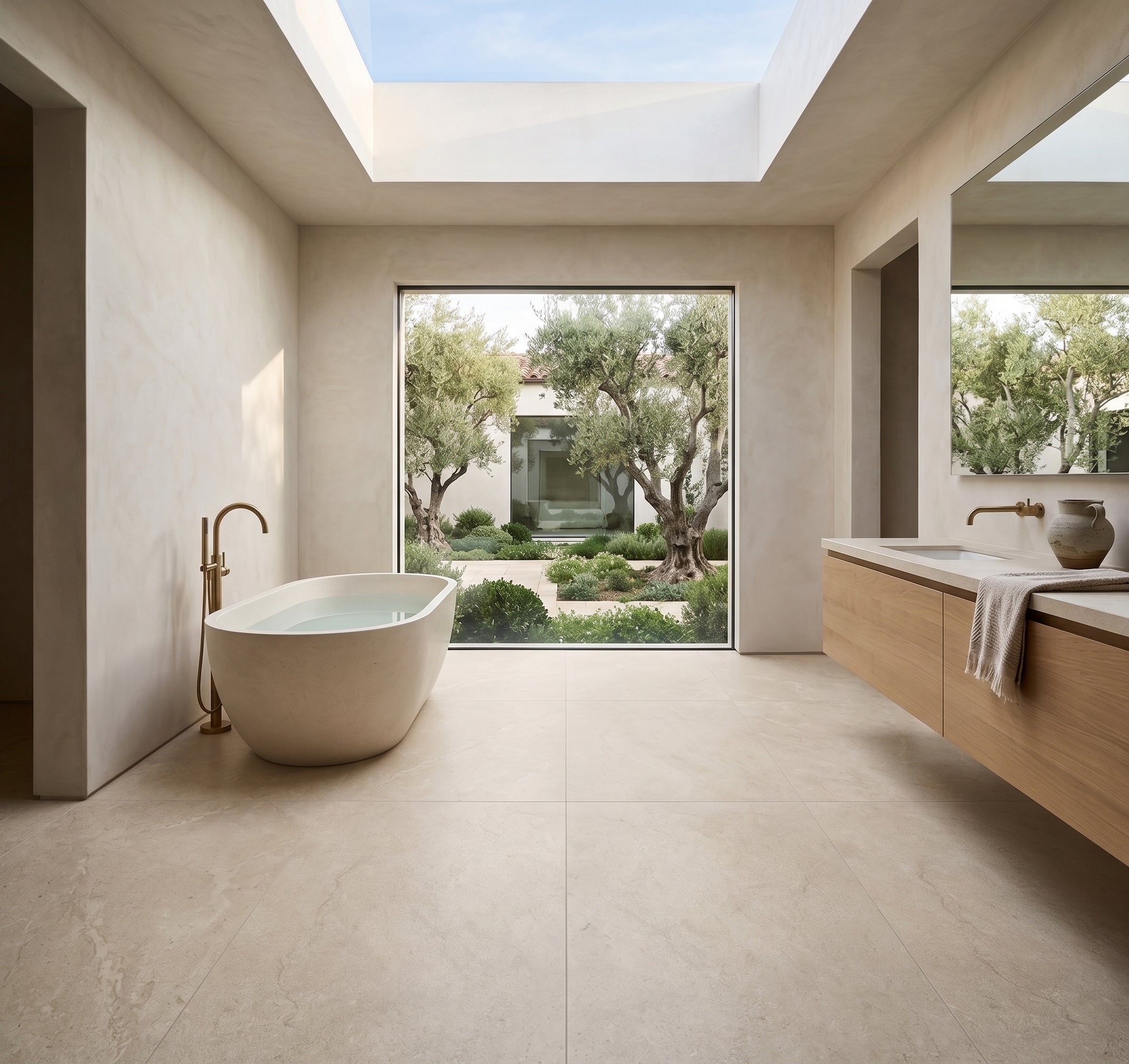Minimalist bathroom with large beige floor tiles, freestanding tub, wooden vanity, and garden view through a large window.