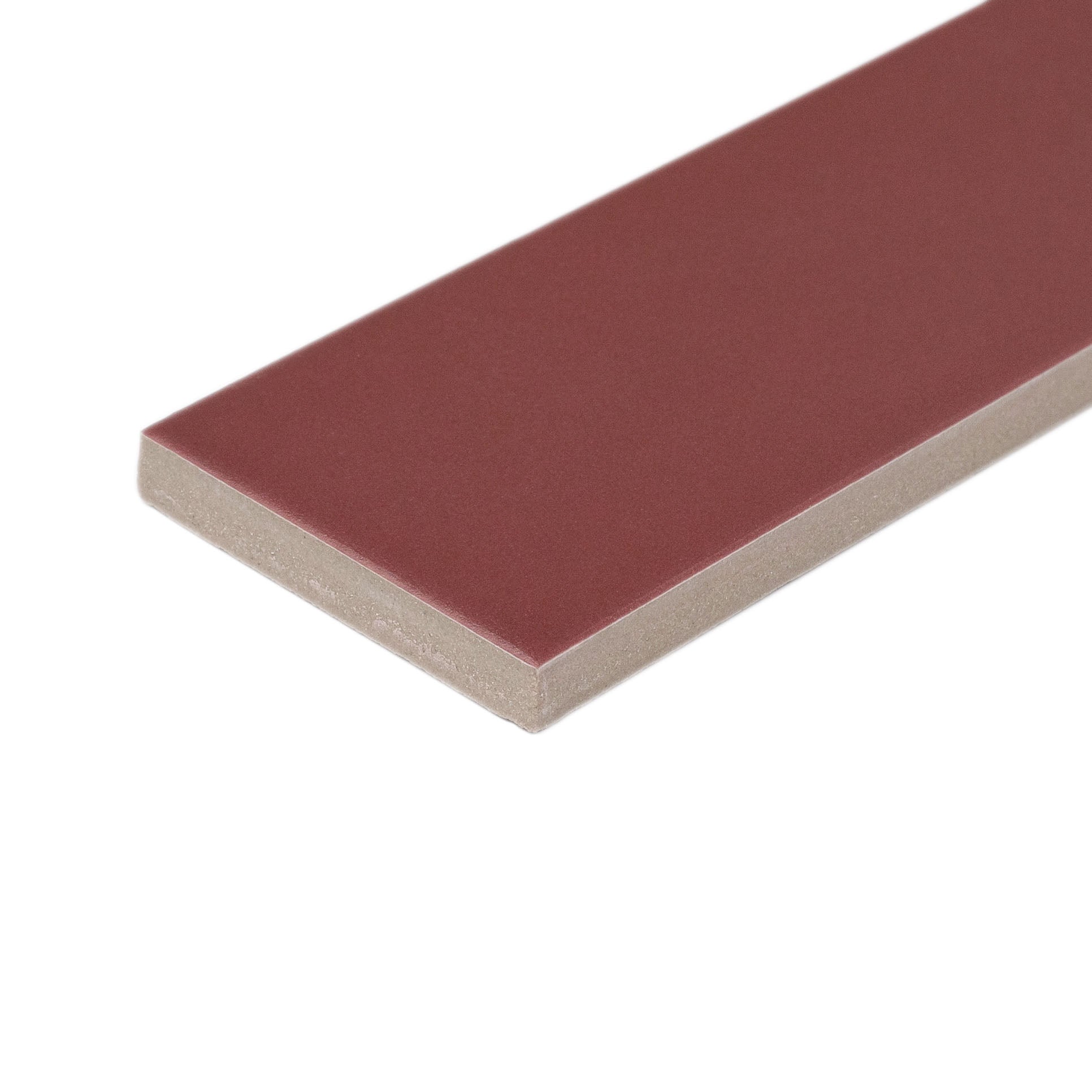 Slim porcelain tile in a muted burgundy shade with a smooth matte finish and clean-cut edges on a white background