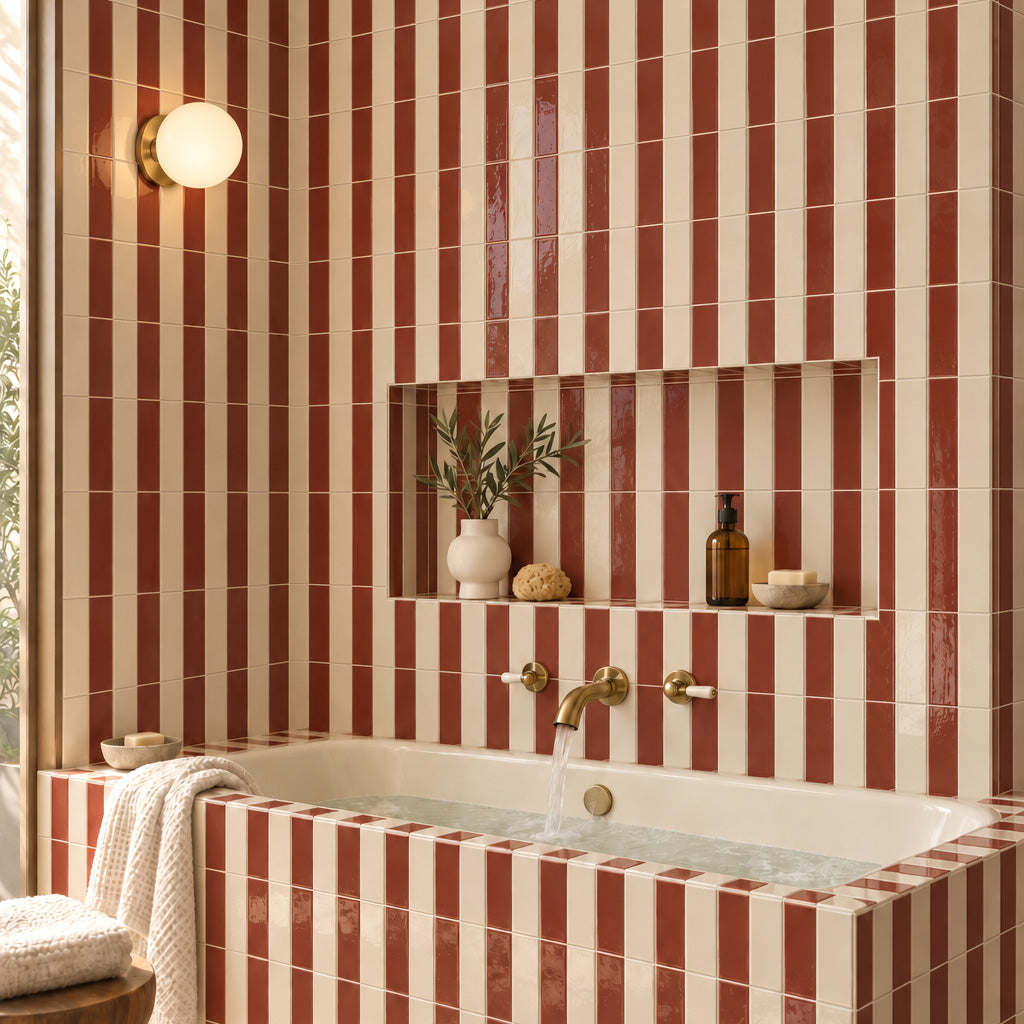 Bathroom with a white tub, red and cream striped tiles, brass fixtures, and wall shelf decor