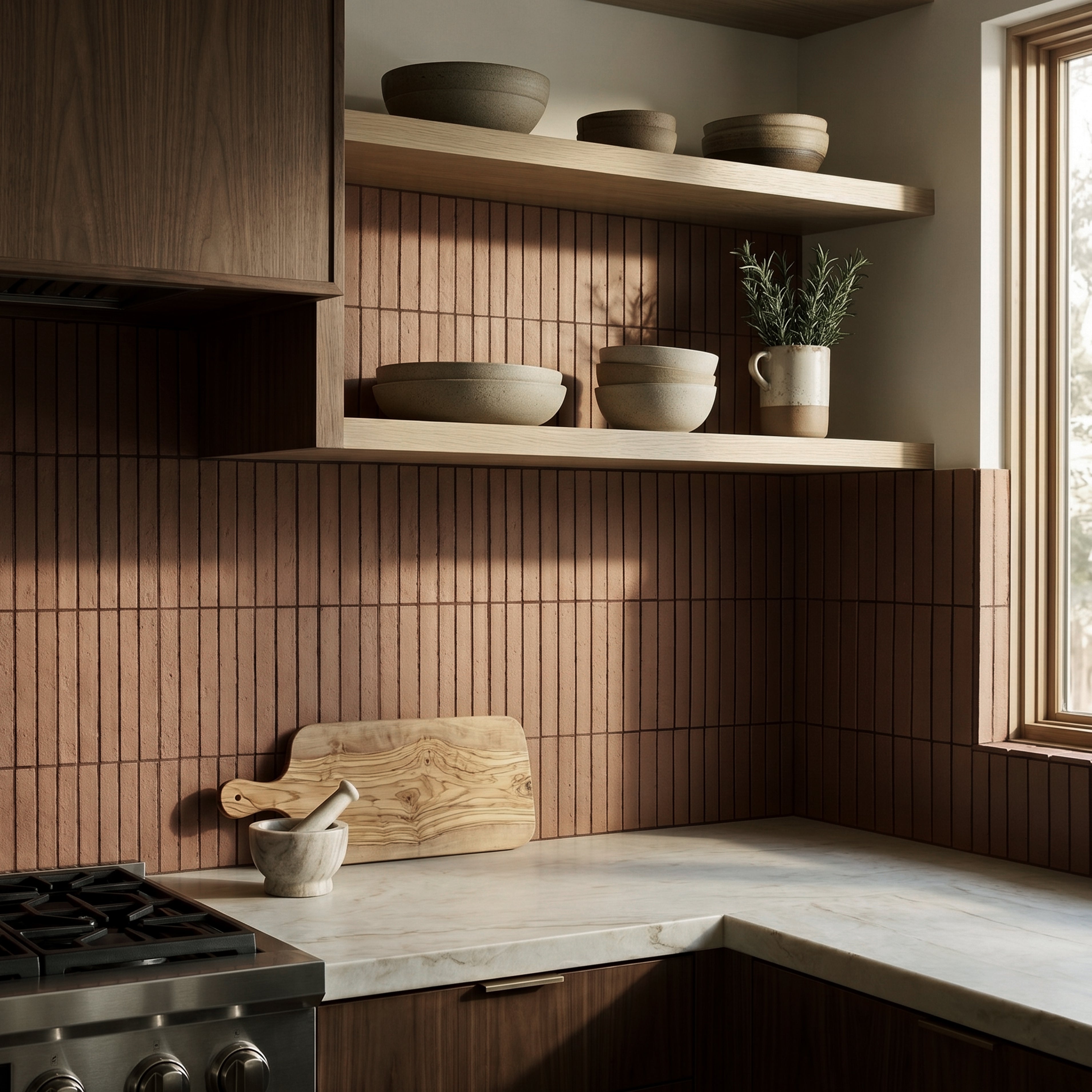 Chocolate Stripes Textured Terracotta Mosaic tiles in kitchen backsplash with wood shelves and natural decor accents