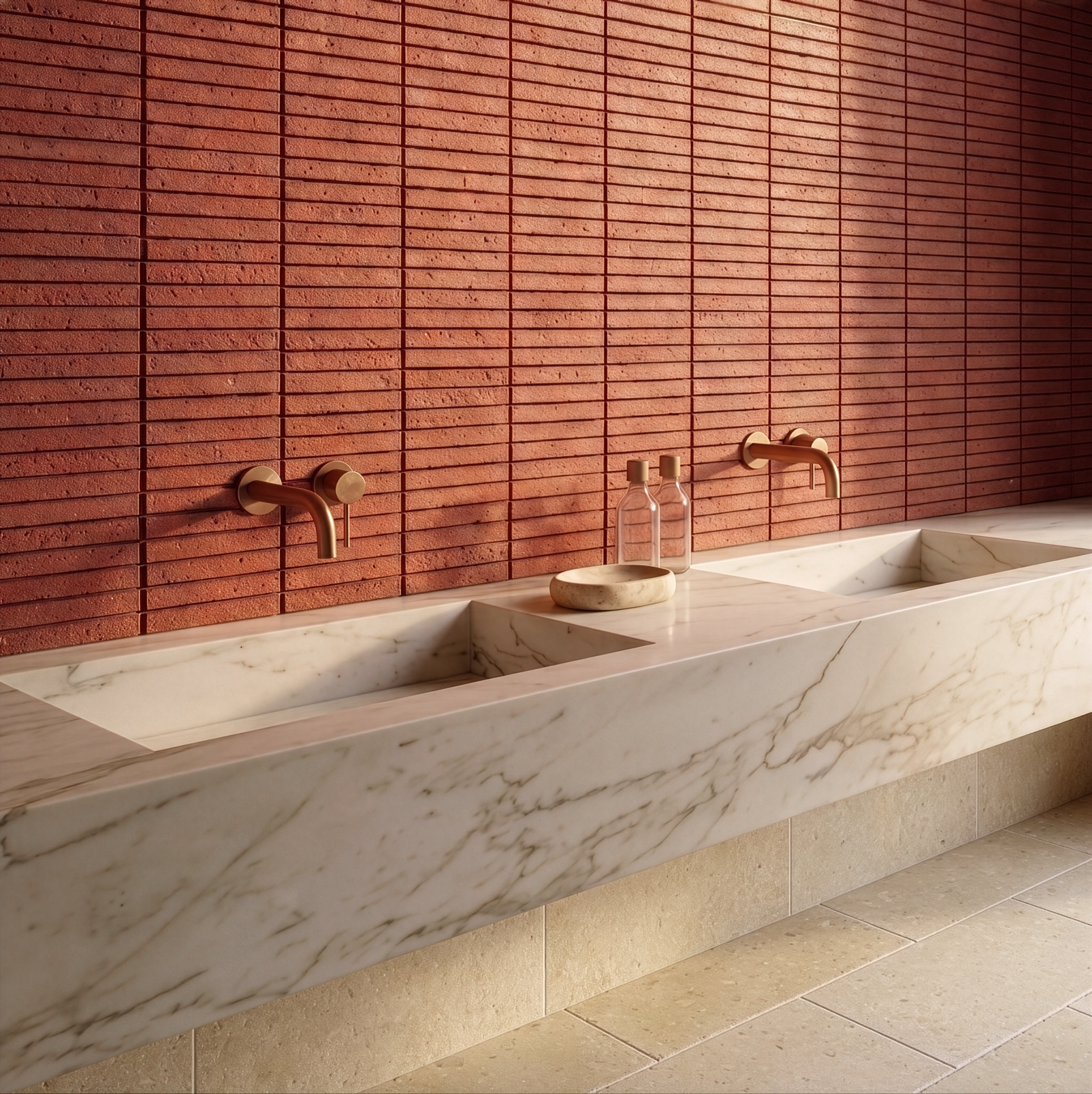 Rosso Stripes Textured Terracotta Mosaic tiles in terracotta wall design with marble countertop and gold faucets in bathroom setting