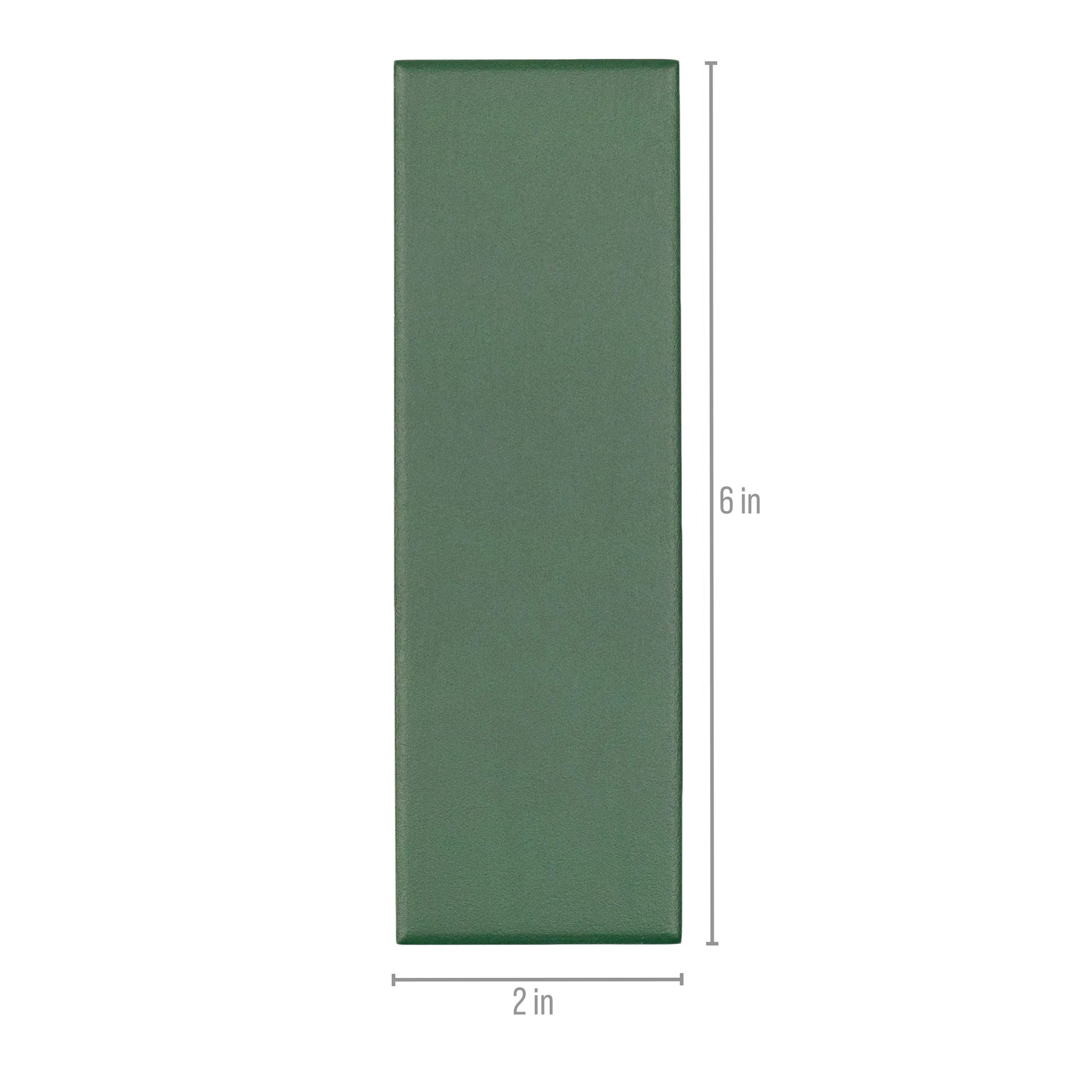 Rectangular ceramic tile in a muted emerald green with a smooth matte finish and clean edges shown with measurements