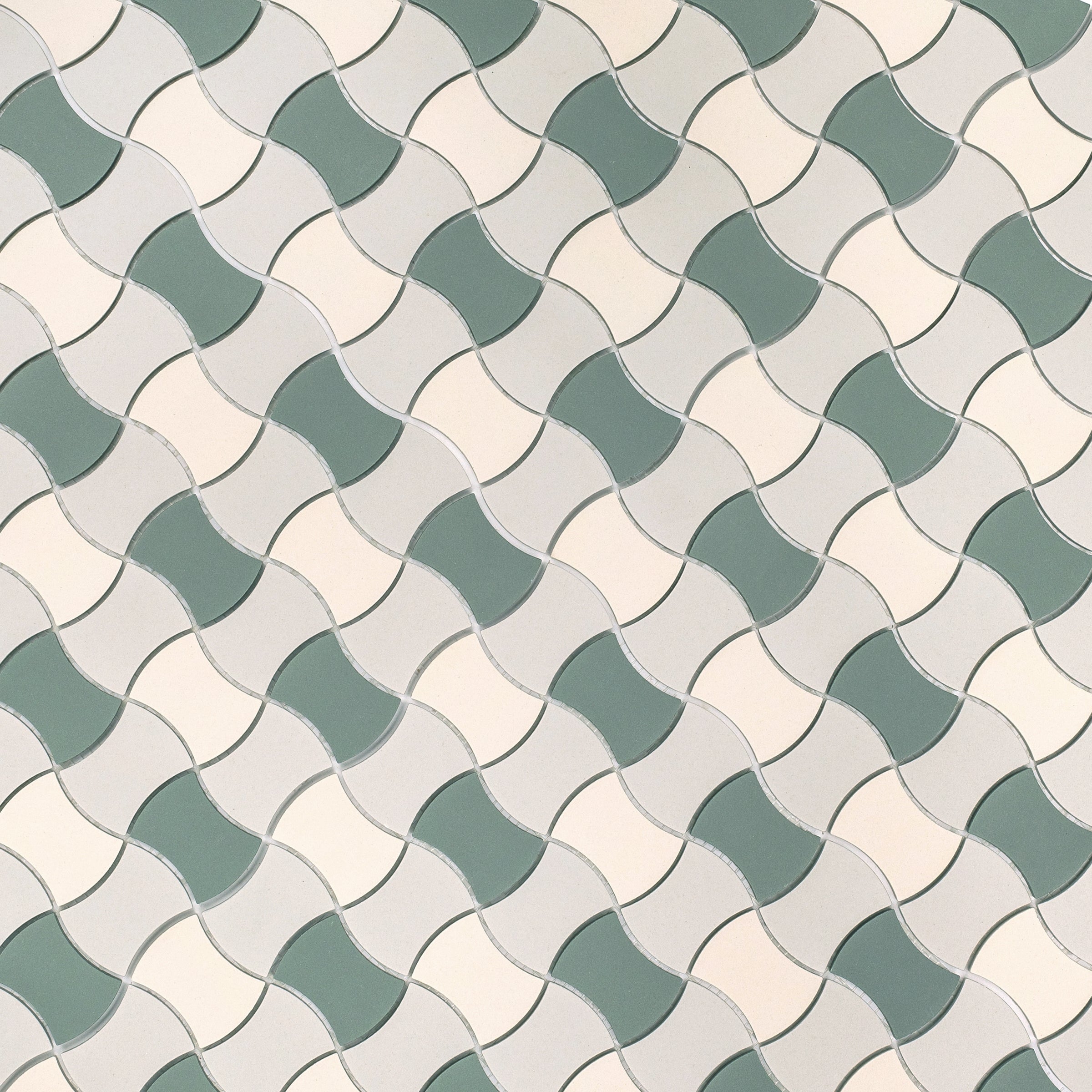 Green Cream Fog 12x12 Butterfly Porcelain Mosaic with interlocking sage green, cream, and fog gray shapes from Porcelain collections