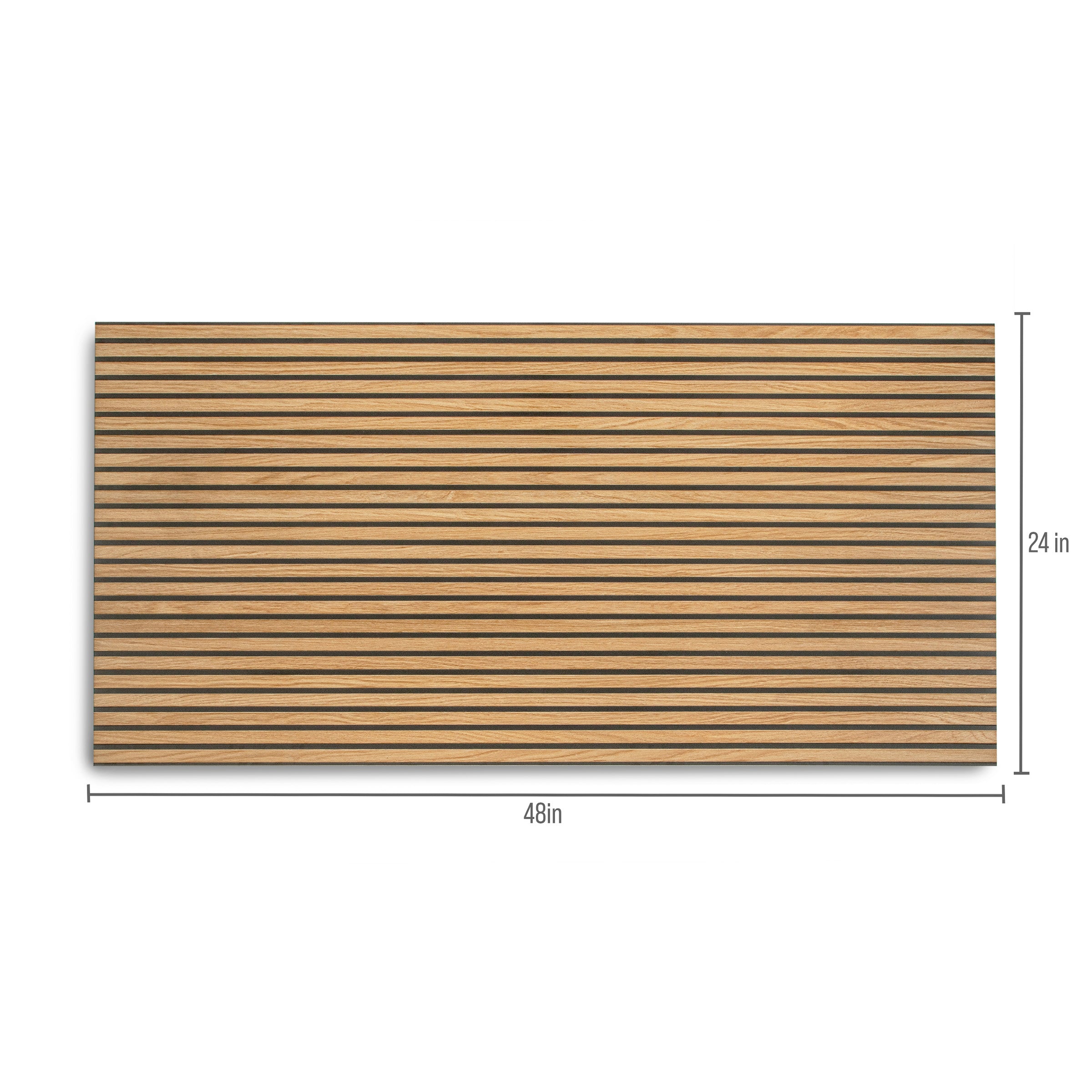 Rectangular wood panel with evenly spaced dark horizontal grooves in a warm honey tone for decorative use