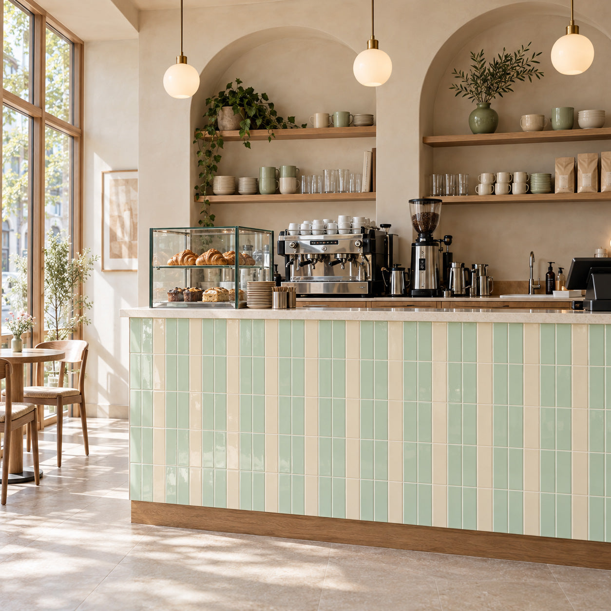 Colorblock Porcelain Tile in a soft green geometric cafe counter design