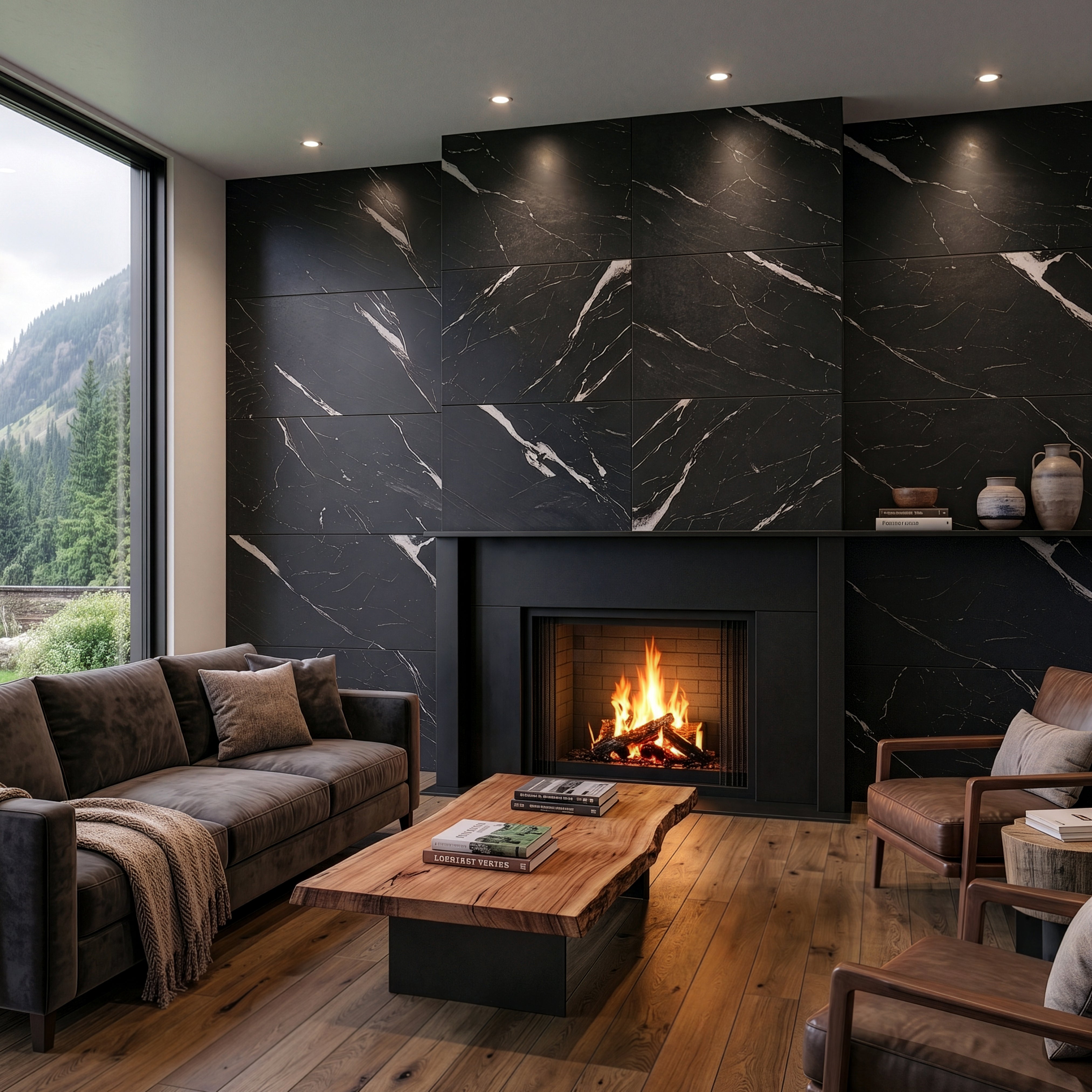 Contemporary living room with black large format tile fireplace surround, wood flooring, cozy seating, and large window views.