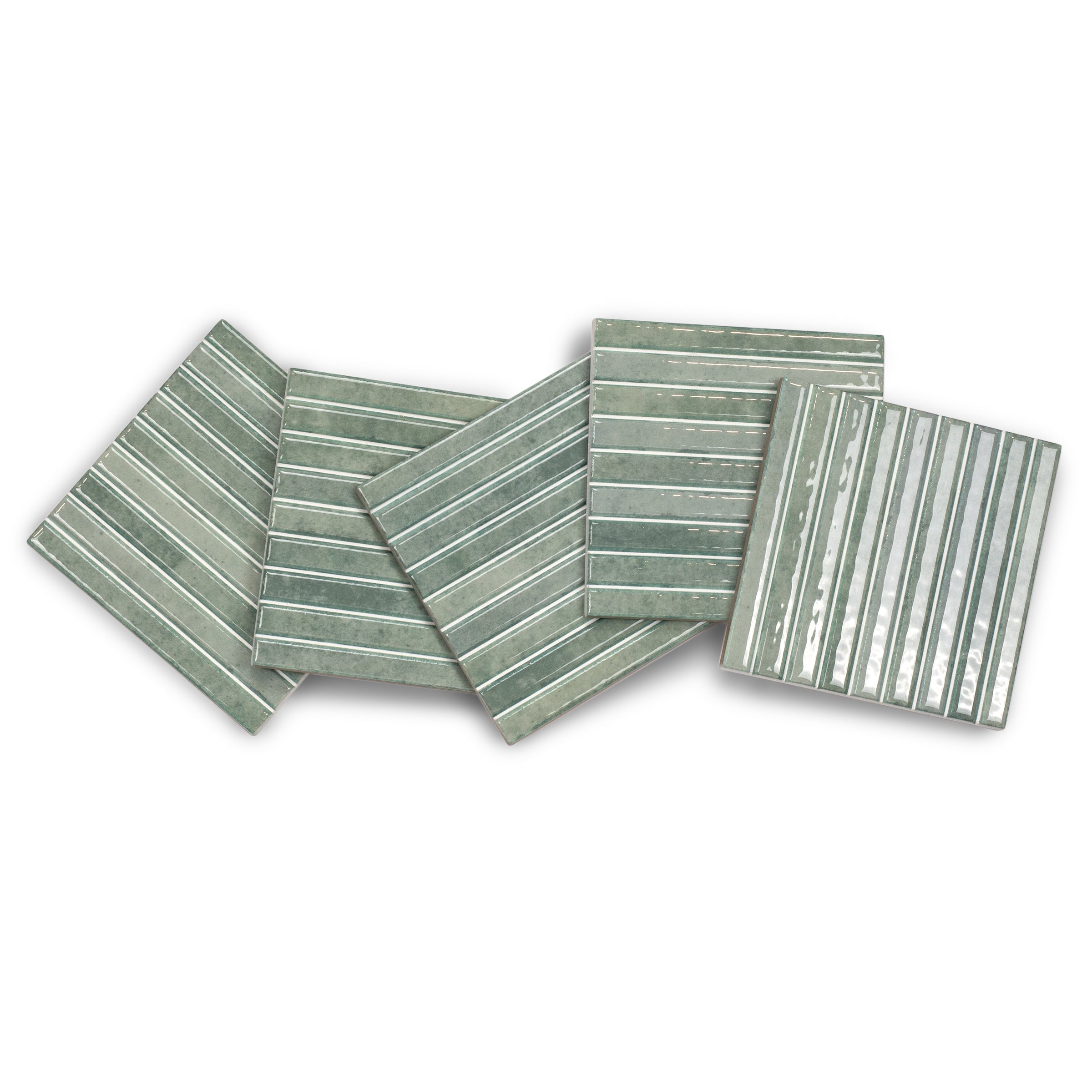 Set of glossy ceramic tiles in muted sage green with varying thin white horizontal and vertical stripes