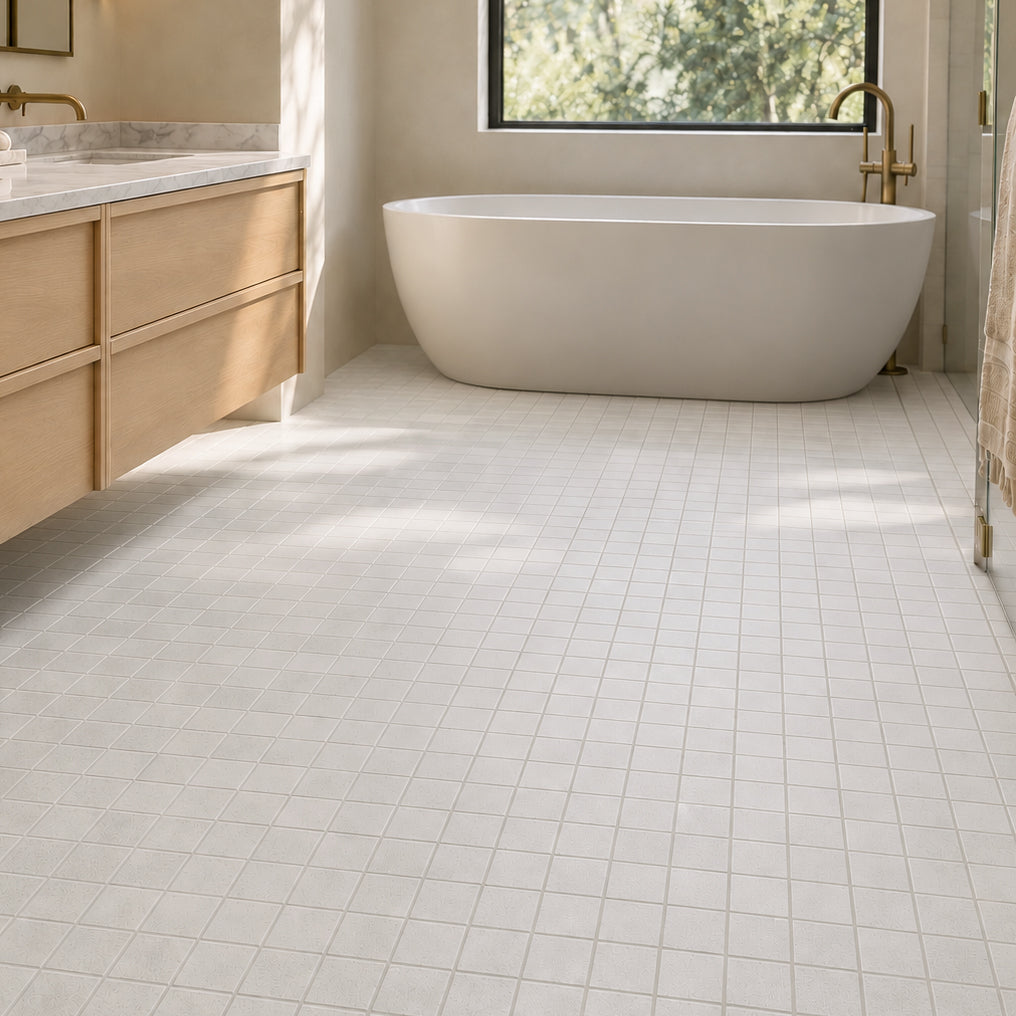 Bright bathroom with small square ceramic tiles, a freestanding tub, wood vanity, and brass fixtures