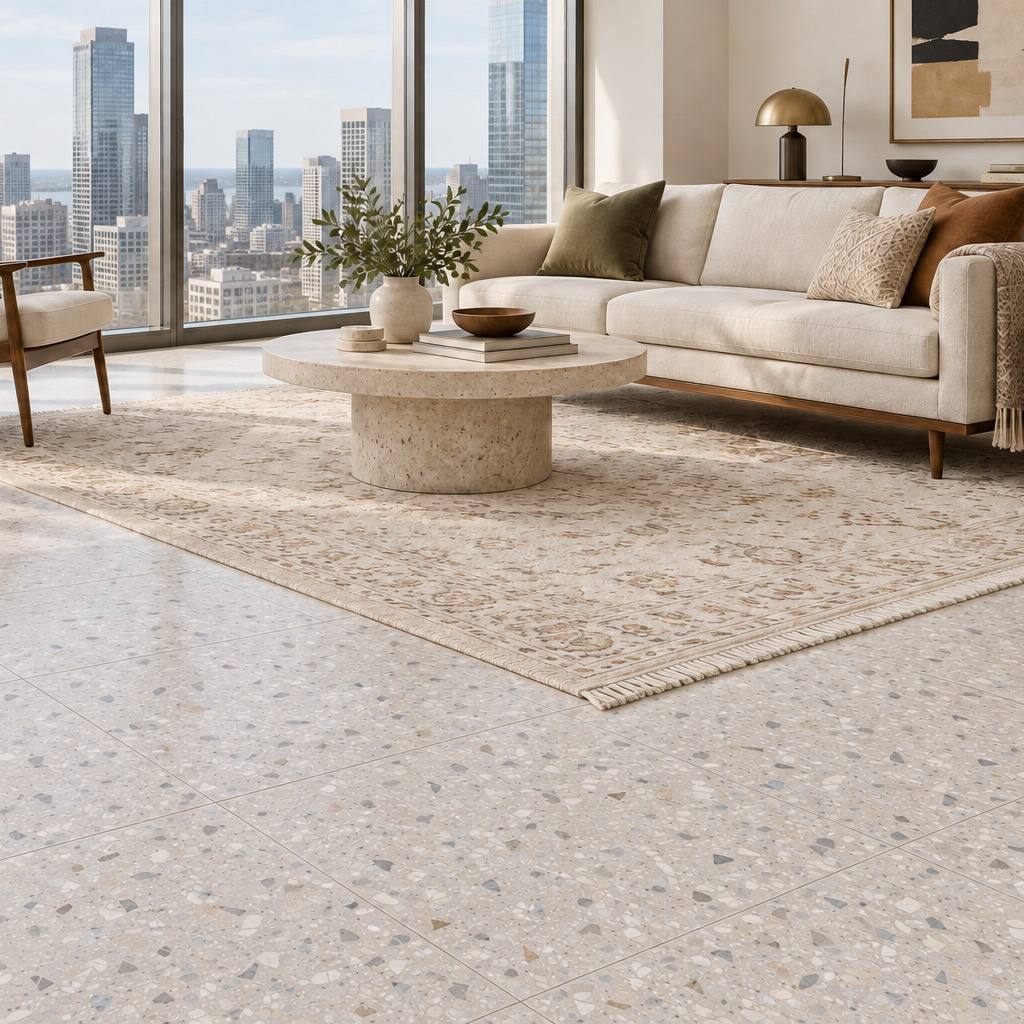 Modern living room with terrazzo tile flooring, sofa, rug, coffee table, and city skyline views
