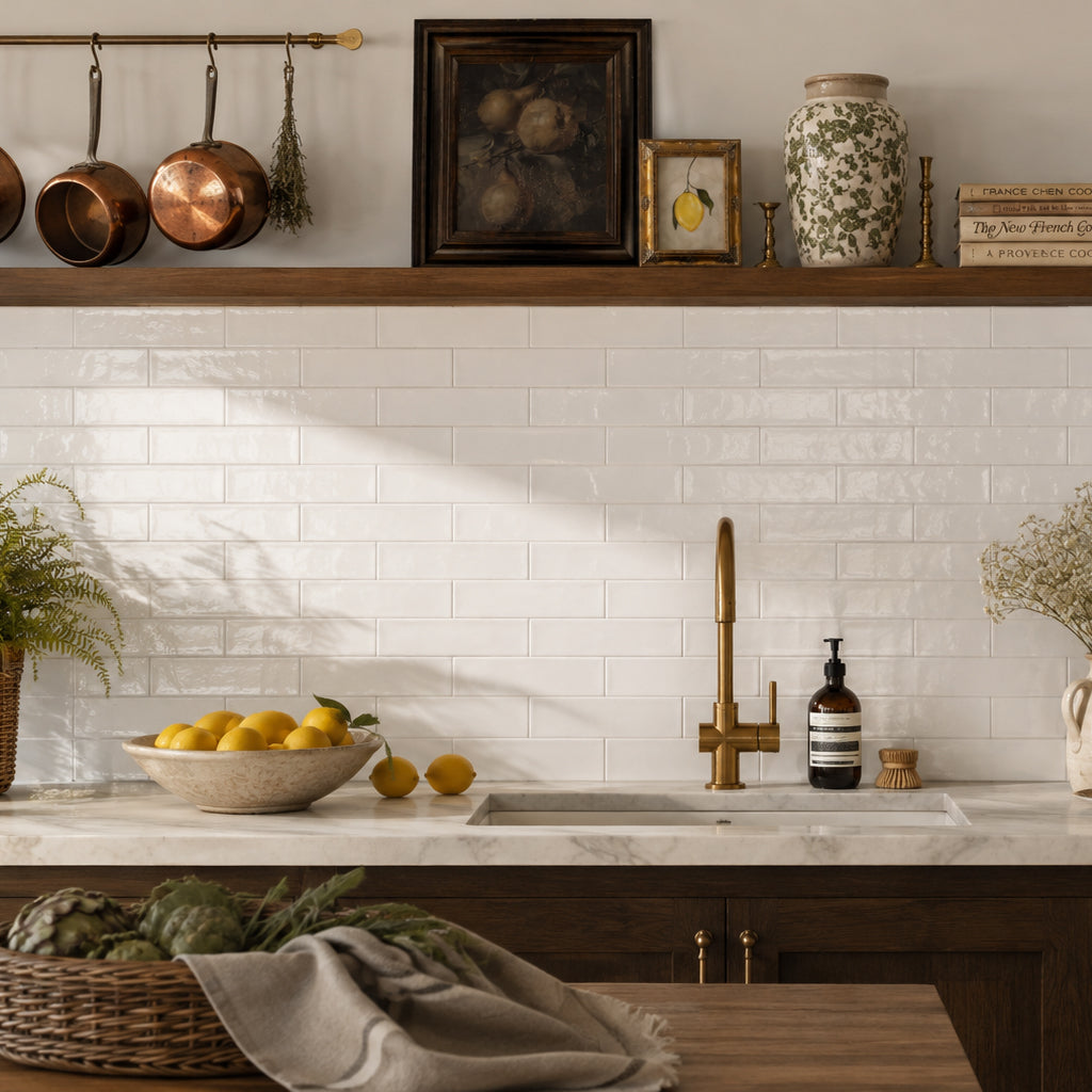 Kitchen with glossy white subway tile backsplash, brass faucet, marble countertop, and dark wood cabinets