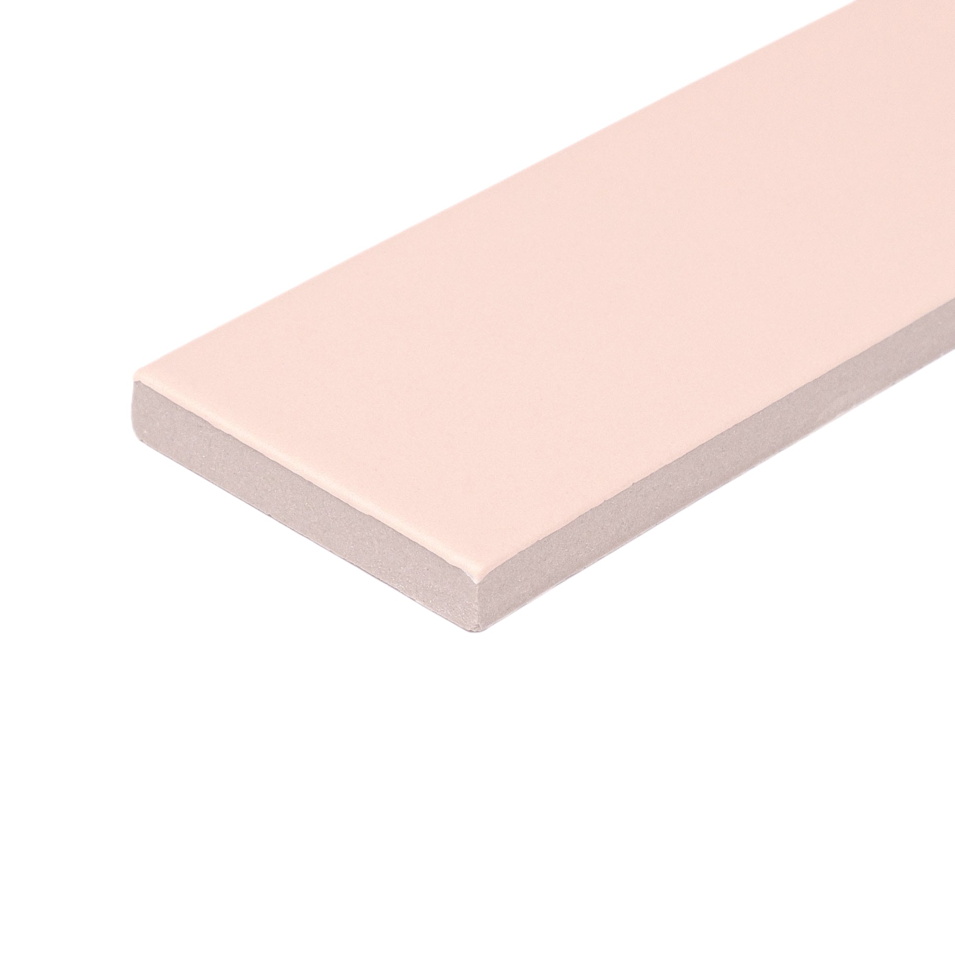 Matte porcelain tile in a soft pale pink shade with smooth surface and straight edges on a white background